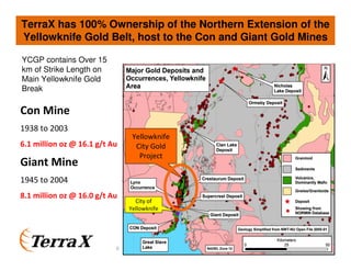6
Con Mine
1938 to 2003
6.1 million oz @ 16.1 g/t Au
Giant Mine
1945 to 2004
8.1 million oz @ 16.0 g/t Au
Yellowknife
City Gold
Project
Yellowknife
City Gold
Project
City of
Yellowknife
City of
Yellowknife
TerraX has 100% Ownership of the Northern Extension of the
Yellowknife Gold Belt, host to the Con and Giant Gold Mines
YCGP contains Over 15
km of Strike Length on
Main Yellowknife Gold
Break
 