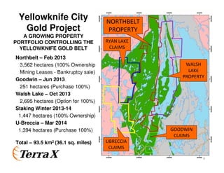8
Yellowknife City
Gold Project
A GROWING PROPERTY
PORTFOLIO CONTROLLING THE
YELLOWKNIFE GOLD BELT
NORTHBELT
PROPERTY
NORTHBELT
PROPERTY
GOODWIN
CLAIMS
GOODWIN
CLAIMS
WALSH
LAKE
PROPERTY
WALSH
LAKE
PROPERTY
Northbelt – Feb 2013
3,562 hectares (100% Ownership
Mining Leases - Bankruptcy sale)
Goodwin – Jun 2013
251 hectares (Purchase 100%)
Walsh Lake – Oct 2013
2,695 hectares (Option for 100%)
Staking Winter 2013-14
1,447 hectares (100% Ownership)
U-Breccia – Mar 2014
1,394 hectares (Purchase 100%)
Total – 93.5 km2 (36.1 sq. miles)
8
UBRECCIA
CLAIMS
UBRECCIA
CLAIMS
RYAN LAKE
CLAIMS
RYAN LAKE
CLAIMS
 