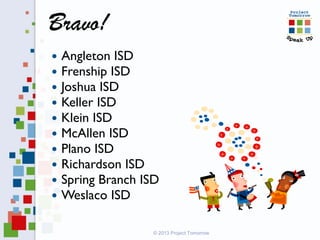 Bravo!
© 2013 Project Tomorrow
 Angleton ISD
 Frenship ISD
 Joshua ISD
 Keller ISD
 Klein ISD
 McAllen ISD
 Plano ISD
 Richardson ISD
 Spring Branch ISD
 Weslaco ISD
 