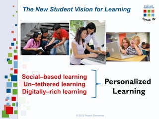 The New Student Vision for Learning
Personalized
Learning
Social–based learning
Un–tethered learning
Digitally–rich learning
© 2013 Project Tomorrow
 