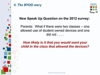 New Speak Up Question on the 2012 survey:
Parents: What if there were two classes – one
allowed use of student owned devices and one
did not . . . .
How likely is it that you would want your
child in the class that allowed the devices?
4. The BYOD story
© 2013 Project Tomorrow
 