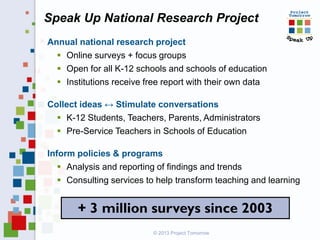 Annual national research project
 Online surveys + focus groups
 Open for all K-12 schools and schools of education
 Institutions receive free report with their own data
Collect ideas ↔ Stimulate conversations
 K-12 Students, Teachers, Parents, Administrators
 Pre-Service Teachers in Schools of Education
Inform policies & programs
 Analysis and reporting of findings and trends
 Consulting services to help transform teaching and learning
Speak Up National Research Project
+ 3 million surveys since 2003
© 2013 Project Tomorrow
 
