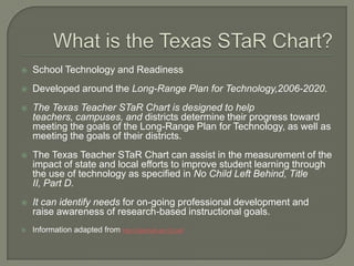 What is the Texas STaR Chart?School Technology and ReadinessDeveloped around the Long-Range Plan for Technology,2006-2020.The Texas Teacher STaR Chart is designed to help teachers, campuses, and districts determine their progress toward meeting the goals of the Long-Range Plan for Technology, as well as meeting the goals of their districts.The Texas Teacher STaR Chart can assist in the measurement of the impact of state and local efforts to improve student learning through the use of technology as specified in No Child Left Behind, Title II, Part D. It can identify needs for on-going professional development and raise awareness of research-based instructional goals.Information adapted from http://starchart.esc12.net/