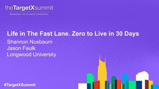 #TargetXSummit
Life in The Fast Lane. Zero to Live in 30 Days
Shannon Nusbaum
Jason Faulk
Longwood University
 
