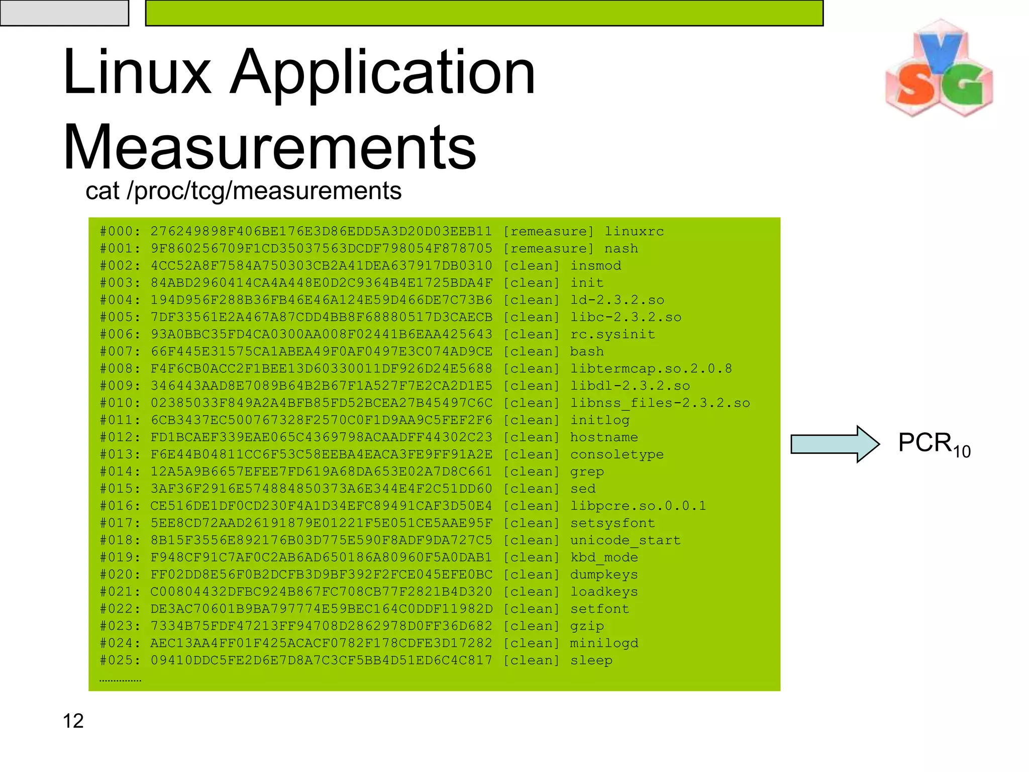 12Linux Application Measurementscat /proc/tcg/measurements#000: 276249898F406BE176E3D86EDD5A3D20D03EEB11 [remeasure] linuxrc#001: 9F860256709F1CD35037563DCDF798054F878705 [remeasure] nash#002: 4CC52A8F7584A750303CB2A41DEA637917DB0310 [clean] insmod#003: 84ABD2960414CA4A448E0D2C9364B4E1725BDA4F [clean] init#004: 194D956F288B36FB46E46A124E59D466DE7C73B6 [clean] ld-2.3.2.so#005: 7DF33561E2A467A87CDD4BB8F68880517D3CAECB [clean] libc-2.3.2.so#006: 93A0BBC35FD4CA0300AA008F02441B6EAA425643 [clean] rc.sysinit#007: 66F445E31575CA1ABEA49F0AF0497E3C074AD9CE [clean] bash#008: F4F6CB0ACC2F1BEE13D60330011DF926D24E5688 [clean] libtermcap.so.2.0.8#009: 346443AAD8E7089B64B2B67F1A527F7E2CA2D1E5 [clean] libdl-2.3.2.so#010: 02385033F849A2A4BFB85FD52BCEA27B45497C6C [clean] libnss_files-2.3.2.so#011: 6CB3437EC500767328F2570C0F1D9AA9C5FEF2F6 [clean] initlog#012: FD1BCAEF339EAE065C4369798ACAADFF44302C23 [clean] hostname#013: F6E44B04811CC6F53C58EEBA4EACA3FE9FF91A2E [clean] consoletype#014: 12A5A9B6657EFEE7FD619A68DA653E02A7D8C661 [clean] grep#015: 3AF36F2916E574884850373A6E344E4F2C51DD60 [clean] sed#016: CE516DE1DF0CD230F4A1D34EFC89491CAF3D50E4 [clean] libpcre.so.0.0.1#017: 5EE8CD72AAD26191879E01221F5E051CE5AAE95F [clean] setsysfont#018: 8B15F3556E892176B03D775E590F8ADF9DA727C5 [clean] unicode_start#019: F948CF91C7AF0C2AB6AD650186A80960F5A0DAB1 [clean] kbd_mode#020: FF02DD8E56F0B2DCFB3D9BF392F2FCE045EFE0BC [clean] dumpkeys#021: C00804432DFBC924B867FC708CB77F2821B4D320 [clean] loadkeys#022: DE3AC70601B9BA797774E59BEC164C0DDF11982D [clean] setfont#023: 7334B75FDF47213FF94708D2862978D0FF36D682 [clean] gzip#024: AEC13AA4FF01F425ACACF0782F178CDFE3D17282 [clean] minilogd#025: 09410DDC5FE2D6E7D8A7C3CF5BB4D51ED6C4C817 [clean] sleep……………PCR10