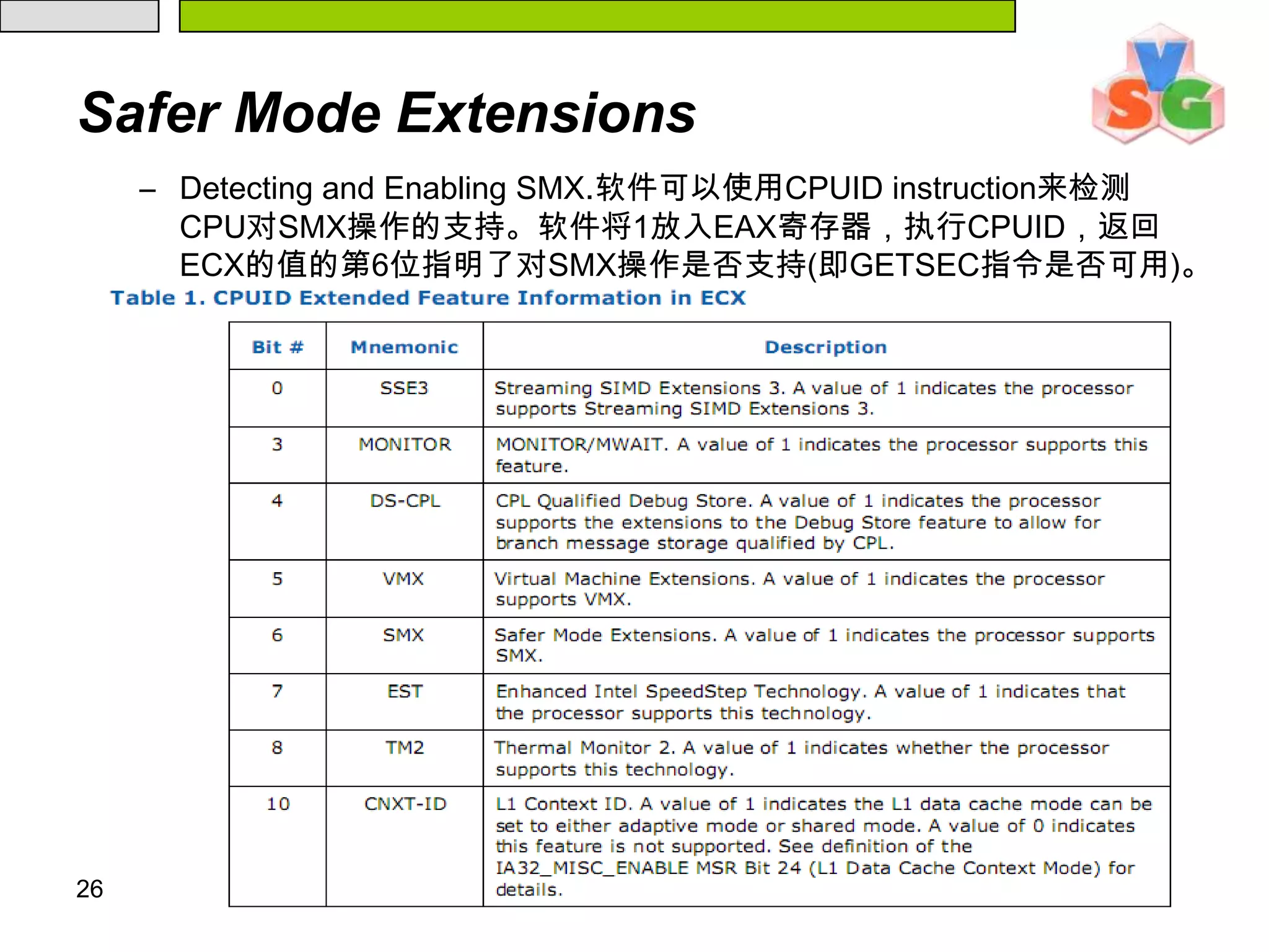 26Safer Mode ExtensionsDetecting and Enabling SMX.软件可以使用CPUID instruction来检测CPU对SMX操作的支持。软件将1放入EAX寄存器，执行CPUID，返回ECX的值的第6位指明了对SMX操作是否支持(即GETSEC指令是否可用)。
