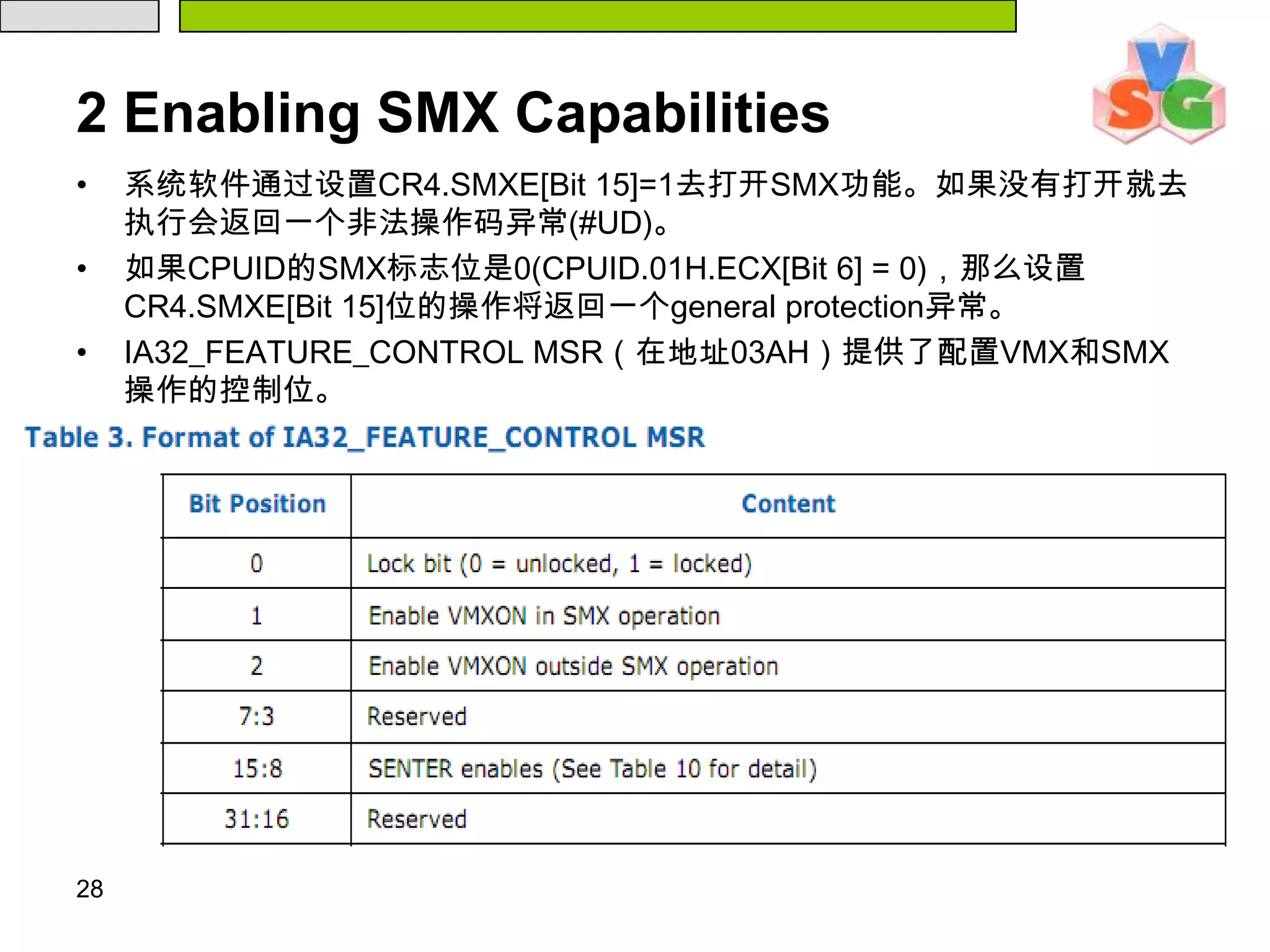 如果CPUID的SMX标志位是0(CPUID.01H.ECX[Bit 6] = 0)，那么设置CR4.SMXE[Bit 15]位的操作将返回一个general protection异常。