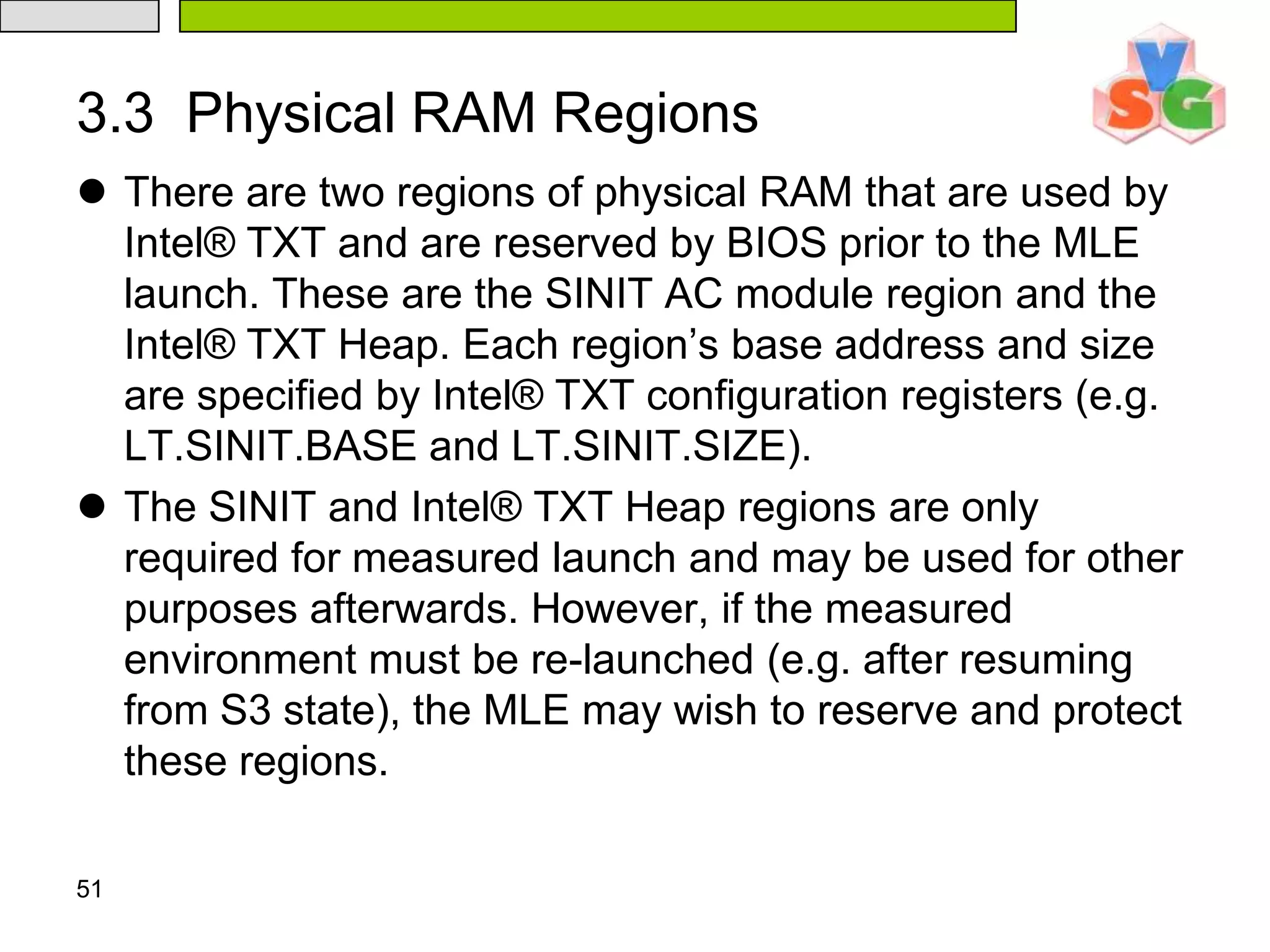 462.MLE Initialization//3. Wake RLPs   Initialize memory protection and other data structures; Build JOIN structure; LT.MLE.JOIN = physical address of JOIN structure; IF RLP exist 	GETSEC[WAKEUP]; Wait for all processors to reach this point; 在processors间做一致性检测;// 4.Enable VMX CR4.VMXE = 1; // 5.Start VMX operation Allocate and setup the root controlling VMCS, execute VMXON(root controlling VMCS); 