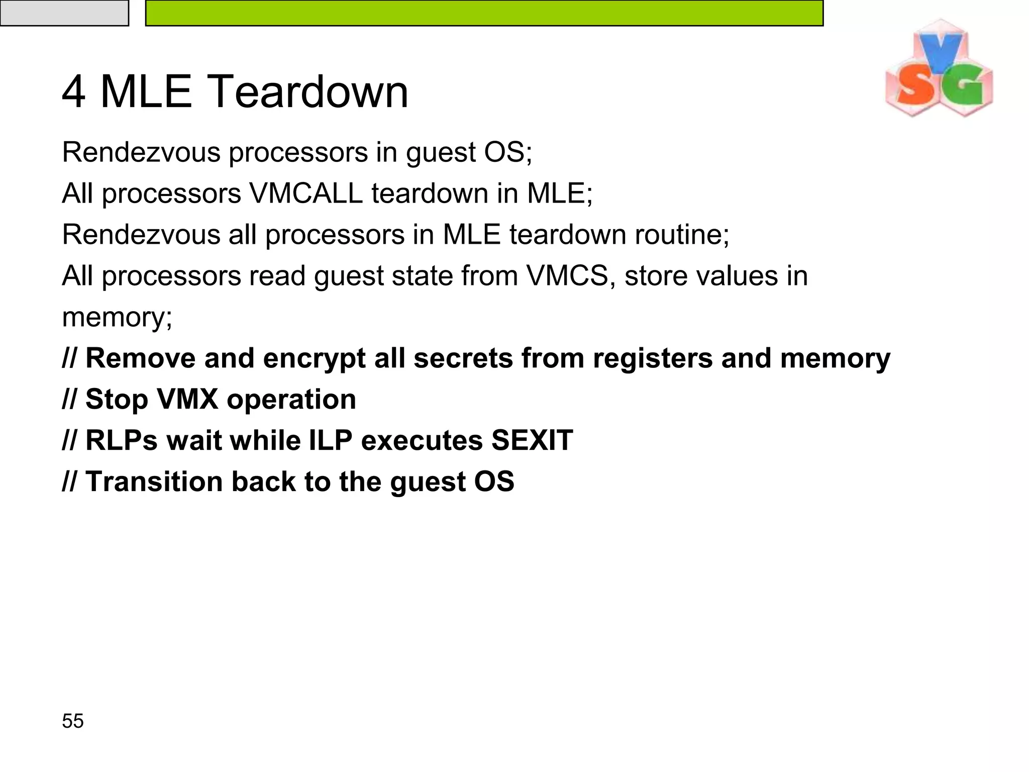 The SINIT and Intel® TXT Heap regions are only required for measured launch and may be used for other purposes afterwards. However, if the measured environment must be re-launched (e.g. after resuming from S3 state), the MLE may wish to reserve and protect these regions.523.4 Intel® Trusted Execution Technology Chipset RegionsIntel® Trusted Execution Technology Configuration Space 