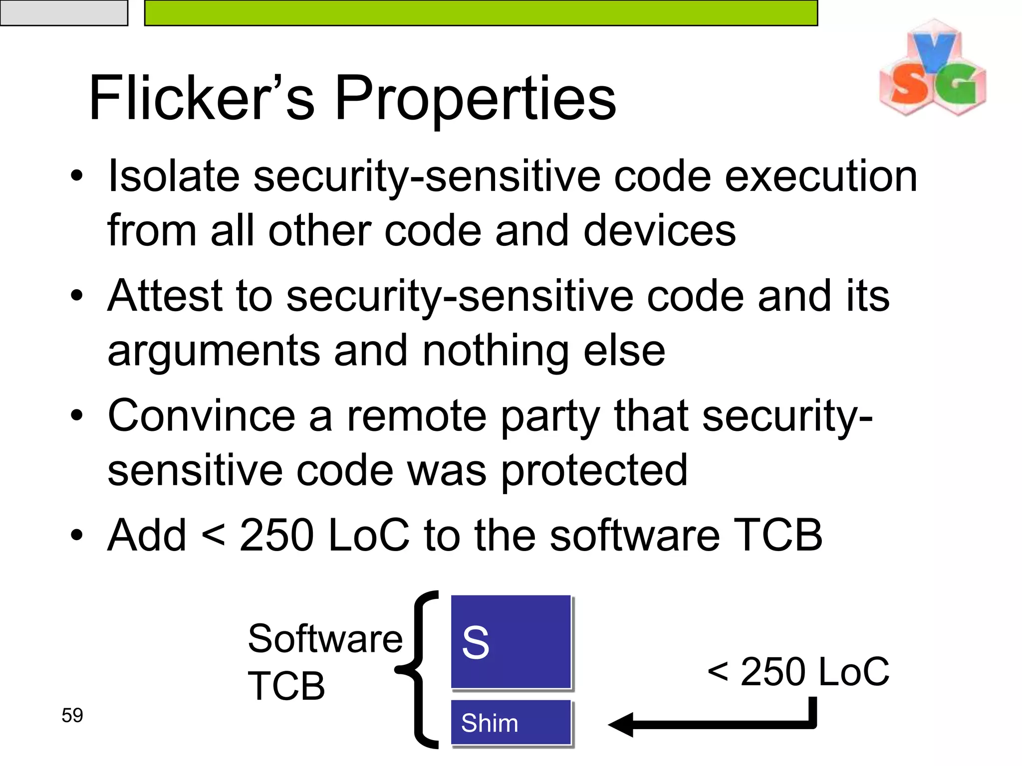 Static root of trust for measurementDynamic root of trust for measurementFlicker: Minimal TCB Code ExecutionFlicker: Minimal TCB Code Execution