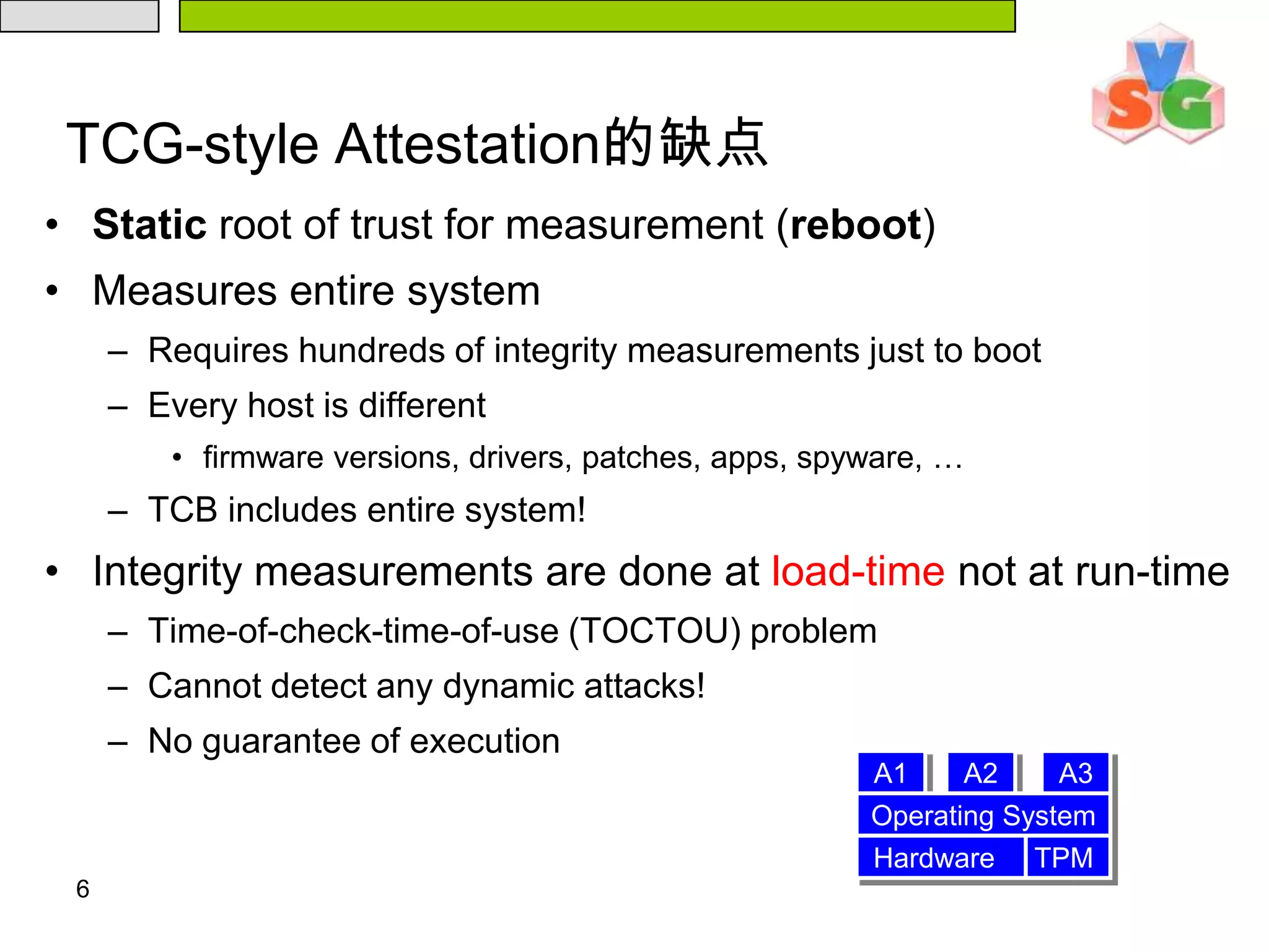 6TCG-style Attestation的缺点Static root of trust for measurement (reboot)Measures entire systemRequires hundreds of integrity measurements just to bootEvery host is differentfirmware versions, drivers, patches, apps, spyware, …TCB includes entire system!Integrity measurements are done at load-time not at run-timeTime-of-check-time-of-use (TOCTOU) problemCannot detect any dynamic attacks!No guarantee of executionA1A2A3Operating SystemHardware     TPM