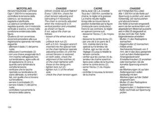 MOTOTELAIO                             CHASSIS                              CADRE                               CHASSIS
REGISTRAZIONE CATENA                  DRIVE CHAIN ADJUSTMENT             REGLAGE DE LA CHAINE                 KETTENEINSTELLUNG
Ogni 1.000 Km è necessario            Every 1,000 Km. check the          Tous les 1.000 Km. contrôler la      Alle 1.000 Km ist die Kette auf
controllare la tensione della         chain tension adjusting and        chaîne, la régler et la graisser.    Spannung zu prüfen und, wenn
catena e, se necessario,              lubricating it if necessary.       La chaîne résulte réglée             notwendig, sie nachzuziehen
regolarla e lubrificarla.             The chain is correctly adjusted    lorsqu'elle se trouve dans la        und abzuschmieren
La catena è correttamente             when the motorcycle is in          position évidentiée par la figure    Die Kette ist korrekt eingestellt,
regolata quando, con il motociclo     vertical position and unloaded,    (motocycle sans conducteur).         wenn sie bei senkrechtem und
verticale e scarico, si trova nella   as shown on figure.                Dans le cas contraire, la régler     abgeladenem Motorrad aussieht,
condizione evidenziata dalla          If not, adjust the chain as        en opérant comme suit:               wie im Bild 25 dargestellt ist.
figura.                               follows:                           - desserrer l'écrou (1) du moyeu     Ist das nicht der Fall, Kette
Qualora ciò non avvenisse,            - loosen of the wheel axle nut       roue;                              folgenderweise einstellen:
occorrerà procedere alla sua            (1);                             - desserrer le contre-écrou (2);     - Mutter (1) des Radzapfens
registrazione operando nel modo       - unblock lock nut (2);            - par une clé à six pans de 5          losmachen;
seguente:                             - with a 5 mm. hexagon wrench        mm. insérée dans le trou           - Gegenmutter (2) losmachen;
- allentare il dado (1) del perno       inserted into the special hole     spécial sur le tendeur de          - mittels eines
  ruota;                                on the chain tightener operate     chaîne, agir sur les vis de          Sechskantschlüssels von 5
- sbloccare il controdado (2)           adjusting screws (3) until the     réglage (3) jusqu'à rétablir la      mm, der in das dazu geeignete
- con una chiave esagonale da 5         correct tension is restored;       tension correcte;                    Loch auf dem Kettenspanner
  mm inserita nell'apposito foro      - on both sides, check the         - vérifier que les coches (4) du       hineingesteckt wird
  sul tendicatena, agire sulle viti     alignment of the notches (4)       tendeur de chaîne soient en          Einstellschrauben (3) anziehen
  di regolazione (3) sino a             on the chain tightener with        ligne avec celles de la fourche;     oder losmachen, bis die
  quando sarà ripristinata la           those on the swing arm;          - serrer le contre-écrou (2);          korrekte Spannung erreicht
  corretta tensione;                  - tighten lock nut (2);            - serrer l'écrou (1) du moyeu          wird;
- verificare che le tacche            - tighten nut (1) of the wheel       roue;                              - die Markierungen (4) auf den
  riportate sui tendicatena (4)         axle;                            - contrôler à nouveau la tension       Kettenspannern sollen
  siano allineate, su entrambi i      - check the chain tension again.     de la chaîne.                        beidseitig mit den
  lati, con quelle che si trovano                                                                               Markierungen auf der Gabel
  sul forcellone;                                                                                               eingereiht sein;
- serrare il controdado (2);                                                                                  - Mutter (2) des Radzapfens
- serrare il dado (1) del perno                                                                                 festklemmen;
  ruota;                                                                                                      - Gegenmutter (1) festklemmen;
- controllare nuovamente la                                                                                   - Kette nochmals auf Spannung
  tensione della catena.                                                                                        prüfen.




104
 