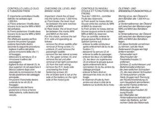 CONTROLLO LIVELLO OLIO                    CHECKING OIL LEVEL AND               CONTROLE DU NIVEAU                      ÖLSTAND- UND
E TUBAZIONI FRENI                         BRAKE HOSE                           D'HUILE ET TUYAUTERIE DES               BREMSENLEITUNGKONTROLLE
                                                                               FREINS
É importante controllare il livello       Important: check the oil level       Tous les 1.000 Km., contrôler           Wichtig ist es, den Ölstand in
dell'olio nei serbatoi ogni               into the tanks every 1,000 Kms.      l'huile des réservoirs.                 dem Behälter alle 1.000 Km zu
1.000 Km.                                 a) Front brake: the level must       a) Frein avant: le niveau doit se       prüfen.
a) Freno anteriore: il livello deve         be between the tank notches        trouver entre les coches du MIN         a) Vorderradbremse: der Ölstand
trovarsi tra le tacche MIN e MAX            of MIN and MAX.                    et MAX du réservoir.                    soll zwischen den Markierungen
del serbatoio.                            b) Rear brake: the oil level must    b) Frein arrière: le niveau doit se     MIN und MAX des Behälters
b) Freno posteriore: il livello deve        be between the marks MIN           trouver toujours entre le coches        liegen.
trovarsi tra le tacche MIN e MAX            and MAX on the tank.               MIN et MAX du réservoir.                b) Hinterradbremse: der Ölstand
del serbatoio.                            For this check, remove the tail-     Pour ce contrôle, enlever le            soll zwischen den Markierungen
Per effettuare questa verifica            R.H. side unit operating as          groupe queue-flanc droite en            MIN und MAX des Behälters
occorre rimuovere il gruppo               follows:                             opérant comme suit:                     liegen.
codone-fianchetto destro                  - remove the driver saddle after     - enlever la selle conducteur           Um diese Kontrolle vornehmen
secondo la seguente procedura:              removal of fixing screw (1);          après enlèvement de la vis de        zu können, soll die Heck-
- togliere il sellino del pilota          - unblock (2) and remove the            fixation (1);                        Seitenwand-Gruppe wie folgt
   previa rimozione della vite (1)          passenger saddle;                  - desserrer la serrure (2) et           entfernt werden:
   di fissaggio;                          - remove the two lateral screws         enlever la selle du passager;        - Fahrersattel nach
- sbloccare la serratura (2) e              (3), the upper screws (4) and      - enlever les deux vis latérales          Abschrauben der
   rimuovere il sellino del                 remove the tail unit after            (3), les deux vis supérieures          Feststellschraube (1)
   passeggero;                              removal of tail-light connection      (4) et enlever le groupe queue         entfernen;
- togliere le due viti laterali (3), le     (5) from the main wiring;             après enlèvement de la               - Schloss (2) aufschliessen und
   due superiori (4) ed asportare il      - remove the R.H. body side             connection (5) du feu arrière du       Beifahrersattel entfernen;
   blocco codone dopo aver                  unscrewing the three                  câblage principal;                   - die zwei seitlichen Schrauben
   staccato la connessione (5) del          fastening screws (6);              - enlever le flanc droit en               (3), die zwei oberen Schrauben
   fanale posteriore dal cablaggio        - the oil brake tank is set at the      dévissant les trois vis (6) de         (4) herausziehen und die
   principale;                              side of the battery on the right      fixage;                                Heck-Gruppe nach Trennung
- rimuovere il fianchetto destro            side of the motorcycle.            - le réservoir d'huile du frein           der Rücklichtverbindung (5)
   svitando le tre viti (6) di                                                    arrière est situé à côté de la         vom Hauptdraht abmontieren;
   fissaggio;                                                                     batterie sur la droite de la moto.   - die rechte Flanke entfernen,
- il serbatoio olio del freno                                                                                            wobei man die drei
   posteriore si trova a fianco                                                                                          Befestigungsschrauben (6)
   della batteria, sulla destra del                                                                                      ausschraubt;
   veicolo.                                                                                                            - der Ölbehälter der
                                                                                                                         Hinterradbremse befindet sich
                                                                                                                         neben der Batterie, auf der
                                                                                                                         rechten Seite des Motorrads.
114
 
