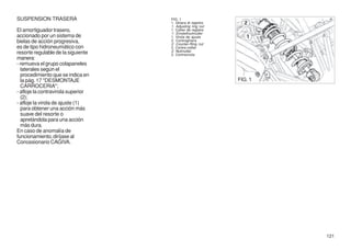 SUSPENSION TRASERA                  FIG. 1
                                    1. Ghiera di registro
                                    1. Adjusting ring nut
El amortiguador trasero,            1. Collier de registre
                                    1. Einstellnutmutter
accionado por un sistema de         1. Virola de ajuste
bielas de acción progresiva,        2. Controghiera
                                    2. Counter-Ring nut
es de tipo hidroneumático con       2. Contre-collier
resorte regulable de la siguiente   2. Nutmutter
                                    2. Contravirola
manera:
- remueva el grupo colapaneles
  laterales según el
  procedimiento que se indica en
  la pág. 17 "DESMONTAJE                                     FIG. 1
  CARROCERIA";
- afloje la contravirola superior
  (2);
- afloje la virola de ajuste (1)
  para obtener una acción más
  suave del resorte o
  apretándola para una acción
  más dura.
En caso de anomalía de
funcionamiento, diríjase al
Concesionario CAGIVA.




                                                                      121
 