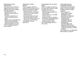 RIMOZIONE RUOTA                        REMOVING FRONT                      ENLEVEMENT DE LA ROUE                   ENTFERNUNG DES
ANTERIORE                              WHEEL                               AVANT                                   VORDEREN RADES
Posizionare sotto il motore un         Place a support under the           Placer un support au des sous           Eine Stütze unter den Motor
supporto per avere la ruota            engine to lift the wheel from the   du moteur pour soulever la roue         stellen und Rad vom Boden
sollevata da terra e procedere         ground proceeding as follows:       et opérer comme suit:                   anheben; danach wie folgt
nel modo seguente:                     - unloose screws (1) which          - desserrer les vis (1) qui             verfahren:
- allentare le viti (1) che              block wheel axle on the legs;       bloquent le goujon de la roue         - die Schrauben (1)
  bloccano il perno ruota sui          - remove nut (2) with washer          sur les pieds;                          abschrauben, die den
  gambali;                               and wheel axle;                   - enlever l'écrou (2), la rondelle        Radzapfen an den
- rimuovere il dado (2) con            - remove the odometer cable,          et l'axe de roue;                       Beinschienen befestigen;
  relativa rosetta ed il perno           (the flexible cable remains       - enlever le renvoi du compteur         - Die Mutter (2) samt
  ruota;                                 fixed on the transmission), the     kilométrique, l'entretoise droit et     entsprechender
- togliere il rinvio contachilometri     right spacer and the wheel.         la roue, (le câble flexible             Unterlegscheibe und
  (la trasmissione flessibile          To assemble, reverse                  restera ancré au renvoi).               Radzapfen entfernen;
  rimarrà ancorata al rinvio), il      operations.                         Pour l'assemblage, opérer en            - Vorgelege des
  distanziale destro e la ruota.                                           sens invers.                              Kilometerzählers (die
Per il rimontaggio operare in                                                                                        biegsame Welle wird am
senso inverso.                                                                                                       Vorgelege verankert bleiben),
                                                                                                                     rechtes Distanzstück und Rad
                                                                                                                     entfernen.
                                                                                                                   Zum Anbauen ist in umgekehrter
                                                                                                                   Reihenfolge zu verfahren.




122
 