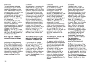 BATTERIA                                BATTERY                               BATTERIE                               BATTERIE
 La batteria viene spedita a            We supply a dry battery, which        La batterie est livrée à sec et        Die Batterie wird trocken
secco e deve essere attivata            can be activated by pouring           pour la mettre en fonction,            geliefert und muss aktiviert
mediante l'introduzione, nelle          sulphuric electrolyte in its cells.   introduire dans les cellules           werden; dafür muss man den
celle, dell'elettrolito solforico le    (Features of the electrolyte are      l'électrolyte sulfurique, les          Schwefelelektrolyt, dessen
cui caratteristiche sono riportate      shown in the instruction tag          caractéristiques duquel sont           Eigenschaften auf dem mit dem
sul cartellino fornito con il           supplied with the motorcycle).        décrites sur la fiche fournie avec     Motorrad mitgelieferten Schild
motociclo. Dopo tale operazione         Wait two hours after completing       la moto. Après cette opération,        angegeben sind, in die Zellen
lasciar riposare per due ore.           this operation, then charge for       ne pas l'utiliser avant deux           giessen. Batterie zwei Stunden
Caricare poi per non più di otto        no more than eight hours (to          heures; ensuite, la charger pour       ruhen lassen, danach nicht
ore (per evitare                        avoid overheating), using 1           pas plus de 8 heures (pour             länger als 8 Stunden (um
surriscaldamenti), con una              Ampere current. Once charge           éviter la sur chauffes) avec un        Überhitzungen zu vermeiden)
corrente di 1 Ampere. Finita la         has been completed, restore           courant de 1 Ampère.                   mit einem Strom von 1 Ampere
carica, livellare l'acido e             electrolyte level and connect         L'opération de charge terminée,        laden. Nach der Ladung die
collegare alla batteria il tubetto di   breather pipe. After setting          niveler l'acide et connecter à la      Säure abflachen lassen, die
sfiato sistemandola poi nel suo         battery in place, connect RED         batterie le tube d'évent et la loger   Batterie an das Entlüfterrohr
alloggiamento. Collegare il             cable to (+) positive terminal        dans son siège. Brancher le            anschliessen und sie in ihren
cavetto ROSSO al (+) e quello           and BLACK cable to (-)                câble ROUGE au (+) et le NOIR          Sitz legen. Die ROTE Kabel an
NERO al (-) previa eliminazione         negative terminal, after having       au (-) après avoir enlevé le           (+) und die SCHWARZ an (-)
del bulloncino che unisce i cavi        removed cable junction bolt.          boulon de jonction entre les           anschliessen, nachdem die
della batteria tra di loro.                                                   câbles.                                Mutterschraube, die die
                                                                                                                     Batteriekabel untereinander
Solo in queste condizioni il            The motorcycle is ready for           Dès ce moment, la moto est             verbindet, entfernt worden ist.
motociclo è pronto all'uso.             operation only after these            prête pour l'emploi.                   Erst unter diesen
                                        conditions have been met.                                                    Bedingungen ist das
                                                                              Se rappeler que la durée de la         Motorrad betriebsbereit.
Ricordare che la durata della           It is care given the battery          batterie dépend de son entretien
batteria dipende dalla cura che         rather than time and miles of         et certainement pas du temps           Die Batterielebensdauer hängt
si ha di essa e non dal tempo di        service, which is most                de son fonctionnement ou des           von deren Pflege und nicht von
funzionamento o dai chilometri          important in determing its life.      kilomètres parcourus.                  der Betriebsdauer oder von den
percorsi. MENSILMENTE, o più            EVERY MONTH, or oftener in            MENSUELLEMENT, ou plus                 Kilometern ab JEDEN MONAT,
sovente se il clima è caldo, è          hot climate, check the level          souvent sous les climats               oder öfter, wenn das Klima warm
necessario controllare il livello e     through the holes on the cover        chauds, il faudra contrôler le         ist, ist es notwendig, den Stand
se necessario, aggiungere               set in front of the right panel       niveau à travers le trous du           der Säure durch die Löcher auf
acqua distillata nelle celle.           and add distilled water into the      couvercle placé au devant du           dem Deckel vor der rechten
                                        cells if necessary.                   panneau droit; si nécessaire,          Tafel zu prüfen und destilliertes
                                                                              ajuter de l'eau distillée dans les     Wasser in die Zellen zu füllen.
                                                                              cellules.
132
 