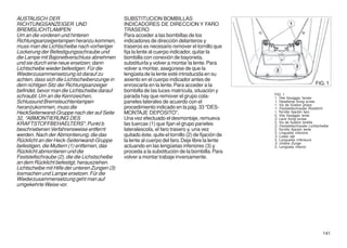 AUSTAUSCH DER                                   SUBSTITUCION BOMBILLAS
RICHTUNGSANZEIGER UND                           INDICADORES DE DIRECCION Y FARO
BREMSLICHTLAMPEN                                TRASERO
Um an die vorderen und hinteren                 Para acceder a las bombillas de los
Richtungsanzeigerlampen heranzu kommen,         indicadores de dirección delanteros y
muss man die Lichtscheibe nach vorheriger       traseros es necesario remover el tornillo que
Lockerung der Befestigungsschraube und          fija la lente al cuerpo indicador, quitar la
die Lampe mit Bajonettverschluss abnehmen       bombilla con conexión de bayoneta,
und sie durch eine neue ersetzen; dann          substituirla y volver a montar la lente. Para
Lichtscheibe wieder befestigen. Für die         volver a montar, asegúrese de que la
Wiederzusammensetzung ist darauf zu             lengüeta de la lente esté introducida en su
achten, dass sich die Lichtscheibenzunge in     asiento en el cuerpo indicador antes de
dem richtigen Sitz der Richtungsanzeiger        enroscarla en la lente. Para acceder a la                                     FIG. 1
befindet, bevor man die Lichtscheibe darauf     bombilla de las luces matrícula, situación y
                                                                                                     FIG. 1
schraubt. Um an die Kennzeichen,                parada hay que remover el grupo cola-                1. Vite fissaggio fanale
Schlussund Bremsleuchtenlampen                  paneles laterales de acuerdo con el                  1. Headlamp fixing screw
                                                                                                     1. Vis de fixation phare
heranzukommen, muss die                         procedimiento indicado en la pág. 33 "DES-           1. Feststellschraube Rûcklicht
HeckSeitenwand-Gruppe nach der auf Seite        MONTAJE DEPOSITO".                                   1. Tornillo fijación faro
                                                                                                     2. Vite fissaggio lente
32, "ABMONTIERUNG DES                           Una vez efectuado el desmontaje, remueva             2. Lens fixing screw
                                                                                                     2. Vis de fixation lentille
KRAFTSTOFFBEHAELTERS". Punkt b                  las tuercas (1) que fijan el grupo paneles           2. Feststellschraube Lichtscheibe
beschriebenen Verfahrensweise entfernt          lateralescola, el faro trasero y, una vez            2. Tornillo fijación lente
                                                                                                     3. Linguetta inferiore
werden. Nach der Abmontierung, die das          quitado éste, quite el tornillo (2) de fijación de   3. Lower tab
Rücklicht an der Heck-Seitenwand-Gruppe         la lente al cuerpo del faro. Deje libre la lente     3. Languette inférieure
                                                                                                     3. Untere Zunge
befestigen, die Muttern (1) entfernen, das      actuando en las lengüetas inferiores (3) y           3. Lengüeta inferior
Rücklicht abmontieren und die                   proceda a la substitución de la bombilla. Para
Feststellschraube (2), die die Lichstscheibe    volver a montar trabaje inversamente.
an dem Rücklicht befestigt, herausziehen.
Lichtscheibe mit Hilfe der unteren Zungen (3)
losmachen und Lampe ersetzen. Für die
Wiederzusammensetzung geht man auf
umgekehrte Weise vor.




                                                                                                                                  141
 