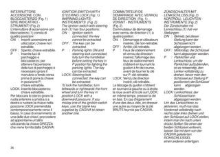 INTERRUTTORE                          IGNITION SWITCH WITH                  COMMUTATEUR DE                         ZÜNDSCHALTER MIT
ACCENSIONE CON                        STEERING LOCK (Fig. 1)                DEMARRAGE AVEC VERROU                  LENKSCHLOSS (Fig. 2)
BLOCCASTERZO (Fig. 1)                 WARNING LIGHTS -                      DE DIRECTION (Fig. 1)                  KONTROLL- LEUCHTEN -
SPIE INDICATRICI -                    INSTRUMENTS (Fig. 2)                  VOYANT - INSTRUMENTS                   INSTRUMENTE (Fig. 2)
STRUMENTI (Fig. 2)                    The ignition switch with steering     (Fig. 2)                               Der Zündschalter mit
L'interruttore di accensione con      lock (1) has four positions:          Commutateur de démarrage               Lenkschloss (1) hat vier
bloccasterzo (1) consta di            ON : Ignition switch                  avec verrou de direction (1) à         Stellungen:
quattro posizioni:                            connected: the key            quatre position:                       ON : Betrieb; bei dieser
ON : Inseriti accensione ed                   cannot be extracted.          ON : Démarrage et utilisateurs                 Stellung kann der
         utilizzatori; chiave non     OFF : The key can be                           insérés; clé non-retirable.           Schlüssel nicht
         estraibile.                          extracted.                    OFF : Arrêté; clé retirable.                   abgezogen werden.
OFF : Spento; chiave estraibile.      P     : Parking lights ON and         P     : Feux de stationnement          OFF : Motorstop; der Schlüssel
P      : Inserite luci di                     steering lock connected;               et verrou de direction                kann abgezogen werden.
         parcheggio e                         fully turn the handlebar               insérés; l'allumage des       P     : Parklichter und
         bloccasterzo; per                    before setting the key in              feux de stationnement                 Lenkschloss; um die
         ottenere l'accensione                P position for lighting the            s'obtient en tournant le              Parklichter aufzublenden,
         delle luci di parcheggio è           parking lights. The key                guidon à fin de course,               ist es notwendig, den
         necessario girare il                 can be extracted.                      avant de tourner la clé               Lenker vollständig zu
         manubrio a fondo corsa       LOCK: Steering lock                            sur P; clé retirable.                 drehen, bevor man den
         prima di porre la chiave             connected: the key can        LOCK: Verrou de direction                      Schlüssel auf Stellung P
         in posizione P;                      be extracted.                          inséré; clé retirable.                positioniert; derSchlüssel
         chiave estraibile.           To lock the handlebar, turn           Le blocage du guidon s'obtient                 kann abgezogen
LOCK: Inserito bloccasterzo;          leftwards or rightwards the front     en tournant à gauche ou à droite               werden.
         chiave estraibile.           wheel and turn the key in             la roue avant et la clé sur LOCK;      LOCK: Lenkschloss; der
Per bloccare lo sterzo girare la      position LOCK with a                  en même temps, presser la clé                  Schlüssel kann
ruota anteriore a sinistra o a        downward pressure. If you             en bas. En cas d'égarement                     abgezogen werden.
destra e ruotare la chiave nella      mislay one of the ignition switch     d'une des deux clés, en dresser        Um das Lenkschloss zu
posizione LOCK premendola             keys, use the blank key               une autre au moyen de la clé           aktivieren, muß man das
contemporaneamente verso il           supplied by CAGIVA to obtain          BRUTE fournie par CAGIVA.              Vorderrad vollständig nach
basso. In caso di smarrimento di      another one.                                                                 rechts oder links drehen und
una delle due chiavi, provvedere                                                                                   den Schlüssel auf LOCK stellen,
ad approntarne un'altra                                                                                            indem man ihn nach unten
utilizzando la chiave GREZZA                                                                                       drückt.Sollten Sie einen der
che viene fornita dalla CAGIVA.                                                                                    beiden Schlüssel verlieren,
                                                                                                                   lassen Sie mit dem von der
                                                                                                                   CAGIVA gelieferten
                                                                                                                   ROHSCHLÜSSEL
                                                                                                                   einen anderen anfertigen.
36
 