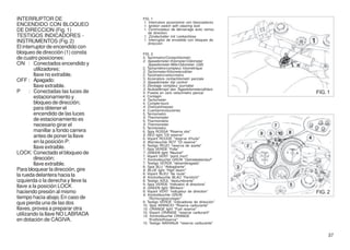 INTERRUPTOR DE                      FIG. 1
                                    1. Interrutore accensione con bloccasterzo
ENCENDIDO CON BLOQUEO               1. Ignition switch with steering lock
DE DIRECCION (Fig. 1)               1. Commutateur de démarrage avec verrou
                                       de direction
TESTIGOS INDICADORES -              1. Zündschalter mit Lenkschloss
INSTRUMENTOS (Fig. 2)               1. Interruptor de encedido con bloqueo de
                                       dirección
El interruptor de encendido con
bloqueo de dirección (1) consta     FIG. 2
de cuatro posiciones:               2. Tachimetro/Contachilometri
                                    2. Speedometer-Kilometer/Odometer
ON : Conectados encendido y             Speedometer-Mile/Odometer (GB)
         utilizadores;              2. Tachymètre/compteur kilométrique
                                    2. Tachometer/Kilometerzähler
         llave no extraible.        2. Tacómetro/velocímetro
                                    3. Azzeratore contachilometri parziale
OFF : Apagado;                      3. Speedometer trip control
         llave extraible.           3. Zérotage compteur journalier
                                    3. Nullstellknopf des Tageskilometerzählers
P      : Conectadas las luces de    3. Puesta en cero velocímetro parcial         FIG. 1
         estacionamiento y          4. Contagiri
                                    4. Tachometer
         bloqueo de dirección;      4. Compte-tours
         para obtener el            4. Drehzahlmesser
                                    4. Cuentarrevoluciones
         encendido de las luces     5. Termometro
                                    5. Thermometer
         de estacionamiento es      5. Thermomètre
         necesario girar el         5. Thermometer
                                    5. Termómetro
         manillar a fondo carrera   6. Spia ROSSA "Riserva olio"
         antes de poner la llave    6. RED light "Oil reserve"
                                    6. Voyant ROUGE "réserve d'huile"
         en la posición P:          6. Warnleuchte ROT "Öl reserve"
                                    6. Testigo ROJO "reserva de aceite"
         llave extraible.           7. Spia VERDE “Folle”
LOCK: Conectado el bloqueo de       7. GREEN light "Neutral"
                                    7. Voyant VERT “point mort”
         dirección;                 7. Kontrolleuchte GRÜN "Getriebeleerlauf"
         llave extraible.           7. Testigo VERDE “desembragado”
                                    8. Spia BLU “Abbagliante”
Para bloquear la dirección, gire    8. BLUE light "High beam"
la rueda delantera hacia la         8. Voyant BLEU “de route”
                                    8. Kontrolleuchte BLAU "Fernlicht"
izquierda o la derecha y lleve la   8. Testigo AZUL “deslumbrante”
                                    9. Spia VERDE “Indicatori di direzione”
llave a la posición LOCK            9. GREEN light "Blinkers"
haciendo presión al mismo           9. Voyant VERT “indicateur de direction”      FIG. 2
                                    9. Kontrolleuchte GRÜN
tiempo hacia abajo. En caso de          "Richtungsanzeiger"
que pierda una de las dos           9. Testigo VERDE “indicadores de dirección”
                                    10. Spia ARANCIO "Riserva carburante"
llaves, provea a preparar otra      10. ORANGE light "Fuel reserve"
                                    10. Voyant ORANGE "reserve carburant"
utilizando la llave NO LABRADA      10. Kontrolleuchte ORANGE
en dotación de CAGIVA.                  "Kraftstoffreserve"
                                    10. Testigo NARANJA "reserva carburante"


                                                                                       37
 