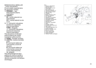 MANDOS EN EL MANILLAR             FIG. 1
                                  1. Sprazzo abbagliante
- LADO IZQUIERDO                  1. Dazzling flash
El conmutador izquierdo tiene     1. Flash d'avertissement
                                  1. Fernlichtblitz
los siguientes mandos:            1. Rayo deslumbrante.
                                  2. Comando selezione luci
1) PASSING = rayo                 2. Light selection control
    deslumbrante (retorno         2. Sélecteur feux
                                  2. Lichtwahl
    automático)                   2. Mando selección luces
2) LIGHTS =                       3. Indicatori direzione
                                  3. Turn indicator
    HI = mando selección luz      3. Indicateurs de direction
    deslumbrante                  3. Richtungsanzeiger
                                  3. Indicadores de dirección
    LO = mando seleción luz de    4. Avvisatore acustico
                                  4. Warning horn
    cruce                         4. Avertisseur acoustique
3) = activación indicadores       4. Hupe                       FIG. 1
                                  4. Avisador acústico
    de dirección izquierdos       5 Comando accensione luci
    (retorno automático).         5. Light control
                                  5. Commande allumage feux
    TURN = Apagado                5. Lichtanzündeng
                                  5. Mando encendido luces
       = Activación indicadores   6 Leva com. frizione
    de dirección derechos         6. Clutch control lever
                                  6. Levier d'embrayage
    (retorno automático)          6. Kupplungshebel
Para desactivar el indicador      6. Palanca mando embrague
pulse la palanca de mando
cuando ha vuelto al centro.
4) HORN = Avisador acústico.
5) LIGHTS= mando encendido
    luces
    P= iluminación tablero de
    instrumentos y luces de
    situación
    H= iluminación tablero de
    instrumentos y luces de
    cruce y deslumbrantes.
       = apagado
Para desembragar tire de la
palanca (6) hacia el manillar y
suéltela hacia fuera hasta que
alcance su posición normal para
el embrague.

                                                                     43
 