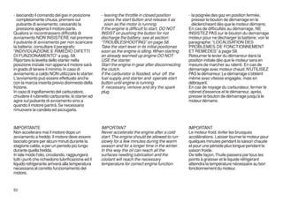 - lasciando il comando del gas in posizione         - leaving the throttle in closed position        - la poignée des gaz en position fermée,
   completamente chiusa, premere sul                  press the start button and release it as         presser le bouton de démarrage en le
   pulsante di avviamento, cessando la                soon as the motor is running.                    déclencheant dès que le moteur démarre;
   pressione appena il motore parte.                If the engine is difficult to start, DO NOT      En cas de difficultés au démarrage, NE
Qualora si riscontrassero difficoltà di             INSIST on pushing the button for not             INSISTEZ PAS sur le bouton du demarrage
avviamento NON INSISTERE nel premere                discharge the battery; see at section:           moteur pour ne decharger la batterie; voir le
il pulsante di avviamento per non scaricare         “TROUBLESHOOTING” on page 58.                    paragraphe: ‘‘LOCALISATION DES
la batteria; consultare il paragrafo:               Take the start lever in its initial positionas   PROBLEMES DE FONCTIONNEMENT
“INDIVIDUAZIONE E RIMEDIO DIFETTI                   soon as the engine is idling. When starting      ET REMEDES’’ à page 58.
DI FUNZIONAMENTO” a pag. 58.                        an already warmed up engine DO NOT               Retourner le levier du démarreur dans la
Riportare la levetta dello starter nella            USE the starter.                                 position initiale dès que le moteur sera en
posizione iniziale non appena il motore sarà        Start the engine in gear after disconnecting     mesure de marcher au ralenti. En cas de
in grado di tenere il minimo. In caso di            the clutch.                                      démarrage avec moteur chaud, N'UTILISEZ
avviamento a caldo NON utilizzare lo starter.       If the carburetor is flooded, shut off the       PAS le démarreur. Le démarrage s'obtiènt
L'avviamento può essere effettuato anche            fuel supply and starter and operate start        même avec vitesse engagée, mais en
con la marcia inserita previo disinnesto della      button until engine is running.                  débrayant.
frizione.                                           If necessary, remove and dry the spark           En cas de noyage du carburateur, fermer le
In caso di ingolfamento del carburatore,            plug.                                            robinet d'essence et le démarreur, après,
chiudere il rubinetto carburante, lo starter ed                                                      presser le bouton de démarrage jusqu'à le
agire sul pulsante di avviamento sino a                                                              moteur démarre.
quando il motore partirà. Se necessario
rimuovere la candela ed asciugarla.



IMPORTANTE                                          IMPORTANT                                        IMPORTANT
Non accelerare mai il motore dopo un                Never accelerate the engine after a cold         Le moteur froid, éviter les brusques
avviamento a freddo. Il motore deve essere          start. The engine should be allowed to run       accélérations. Laisser tourner le moteur pour
lasciato girare per alcuni minuti durante la        slowly for a few minutes during the warm         quelques minutes pendant la saison chaude
stagione calda, e per un periodo più lungo          season and for a longer time in the winter.      et pour une période plus longue pendant la
durante quella fredda.                              In this way the oil can reach all the            saison froide.
In tale modo l'olio, circolando, raggiungerà        surfaces needing lubrication and the             De telle façon, l'huile passera par tous les
tutti i punti che richiedono lubrificazione ed il   coolant will reach the necessary                 points à graisser et le liquide réfrigérant
liquido refrigerante arriverà alla temperatura      temperature for correct engine function.         atteindra la température nécessaire au bon
necessaria al corretto funzionamento del                                                             fonctionnement du moteur.
motore.



52
 
