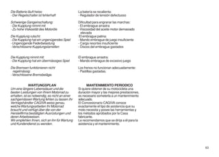 Die Batterie läuft heiss:                       La batería se recalienta:
- Der Regelschalter ist fehlerhaft              - Regulador de tensión defectuoso

Schwierige Gangeinschaltung:                    Dificultad para engranar las marchas:
- Die Kupplung nimmt mit                        - El embrague arrastra
- Zu hohe Viskosität des Motoröls               - Viscosidad del aceite motor demasiado
                                                  elevada
Die Kupplung rutscht:                            El embrague patina:
- Die Kupplung hat ein ungenügendes Spiel       - Mando embrague de juego insuficiente
- Ungenügende Federbelastung                    - Carga resortes insuficiente
- Verschlissene Kupplungslamellen               - Discos del embrague gastados


Die Kupplung nimmt mit:                         El embrague arrastra:
- Die Kupplung hat ein übermässiges Spiel       - Mando embrague de excesivo juego

Die Bremsen funktionieren nicht                 Los frenos no funcionan adecuadamente:
  regelmässig:                                  - Pastillas gastadas.
- Verschlissene Bremsbeläge.


              WARTUNGSPLAN                            MANTENIMIENTO PERIODICO
Um eine längere Lebensdauer und die             Si quiere obtener de su motocicleta una
besten Leistungen von Ihrem Motorrad zu         duración mayor y las mejores prestaciones,
erhalten, ist es notwendig, es nicht an einer   es necesario someterla a un mantenimiento
sachgemässen Wartung fehlen zu lassen.Ihr       adecuado.
Vertragshändler CAGIVA weiss genau,             El Concesionario CAGIVA conoce
welche Wartungsarbeiten Ihr Motorrad            exactamente el tipo de asistencia que su
braucht und verfügt über die von der            moto necesita y posee las herramientas y
Herstellfirma bestätigten Ausrüstungen und      los métodos aprobados por la Casa
deren Arbeitsweisen.                            fabricante.
Wir empfehlen Ihnen, sich an ihn für Wartung    Le recomendamos que se dirija a él para la
und Kundendienst zu wenden.                     asistencia y el mantenimiento.




                                                                                             63
 