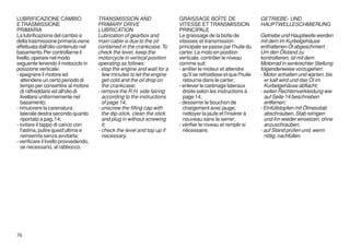 LUBRIFICAZIONE CAMBIO                  TRANSMISSION AND                   GRAISSAGE BOÎTE DE                      GETRIEBE- UND
E TRASMISSIONE                         PRIMARY DRIVE                      VITESSE ET TRANSMISSION                 HAUPTWELLESCHMIERUNG
PRIMARIA                               LUBRICATION                        PRINCIPALE
La lubrificazione del cambio e         Lubrication of gearbox and         Le graissage de la boîte de             Getriebe und Hauptwelle werden
della trasmissione primaria viene      main cable is due to the oil       vitesses et transmission                mit dem im Kurbelgehäuse
effettuata dall'olio contenuto nel     contained in the crankcase. To     principale se passe par l'huile du      enthaltenen Öl abgeschmiert.
basamento. Per controllarne il         check the level, keep the          carter. La moto en position             Um den Ölstand zu
livello, operare nel modo              motorcycle in vertical position    verticale, contrôler le niveau          kontrollieren, ist mit dem
seguente tenendo il motociclo in       operating as follows:              comme suit:                             Motorrad in senkrechter Stellung
posizione verticale:                   - stop the engine and wait for a   - arrêter le moteur et attendre         folgenderweise vorzugehen:
- spegnere il motore ed                  few minutes to let the engine      qu'il se refroidisse et que l'huile   - Motor anhalten und warten, bis
   attendere un certo periodo di         get cold and the oil drop on       retourne dans le carter;                er kalt wird und das Öl im
   tempo per consentire al motore        the crankcase;                   - enlever le carénage lateraux            Kurbelgehäuse abflacht;
   di raffreddarsi ed all'olio di      - remove the R.H. side fairing       droite selon les instructions à       - seiten Rechtenverkleidung wie
   livellarsi uniformemente nel          according to the instructions      page 14;                                auf Seite 14 beschrieben
   basamento;                            of page 14;                      - desserrer le bouchon de                 entfernen;
- rimuovere la carenatura              - unscrew the filling cap with       chargement avec jauge;                - Einfüllstopfen mit Ölmesstab
   laterale destra secondo quanto        the dip-stick, clean the stick     nettoyer la jaufe et l'insérer à        abschrauben, Stab reinigen
   riportato a pag. 14;                  and plug in without screwing       nouveau sans la serrer;                 und ihn wieder einsetzen, ohne
- svitare il tappo di carico con         it;                              - vérifier le niveau et remplir si        anzuschrauben;
   l'astina, pulire quest'ultima e     - check the level and top up if      nécessaire.                           - auf Stand prüfen und, wenn
   reinserirla senza avvitarla;          necessary.                                                                 nötig, nachfüllen.
- verificare il livello provvedendo,
   se necessario, al rabbocco.




76
 