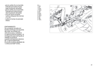 - gire la varilla (3) en el sentido   FIG. 1
                                      1. Dado
  indicado por la letra A para        1. Nut
  bajar la posición del pedal;        1. Ecrou
                                      1. Mutter
- gire la varilla (3) en el sentido   1. Tuerca
  indicado por la letra B para        2. Dado
                                      2. Nut
  alzar la posición del pedal;        2. Ecrou
                                      2. Mutter
- una vez hecho el ajuste,            2. Tuerca
  vuelva a bloquear las tuercas       3. Astina
                                      3. Rod
  (1) y (2);                          3. Tige
- vuelva a montar el carenado         3. Stab
                                      3. Varilla
  inferior.



ENFRIAMIENTO
De circulación forzada con
bomba centrífuga a la izquierda
del motor, termostato con                          FIG. 1
válvula by-pass y radiadore.
La apertura del termostato y el
consiguiente paso del líquido al
radiador se produce
cuando la temperatura alcanza
65° C aproximadamente.
El circuito contiene alrededor de
1,5 litros de AGIP COOL.




                                                        81
 
