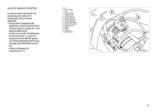 AJUSTE MANDO STARTER                FIG. 1
                                    1. Controdado
                                    1. Nut
La transmisión del starter se       1. Contre-écrou
                                    1. Gegenmutter
puede ajustar sólo en el            1. Contratuerca
                                    2. Vite di registro
carburador de la manera             2. Adjusting screw
siguiente:                          2. Vis de réglage
                                    2. Einstellschraube
- compruebe, desplazando            2. Tornillo de ajuste
  adelante y atrás la transmisión   3. Trasmissione
                                    3. Cable
  (3) que haya un juego de 1 mm     3. Câble
                                    3. Leitung
  aproximadamente;                  3. Transmisión
- si esto no sucede, desbloquee
  la contratuerca (1) y gire lo
  necesario el tornillo de ajuste
  (2) (destornillándolo disminuye
  el juego, atornillándolo aumen-
  ta);
- vuelva a bloquear la
  contratuerca (1).                                         FIG. 1




                                                                 91
 