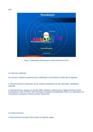AVA.




                        Figura 1- Metodologia utilizada para o desenvolvimento do AVA.




2.4. Recursos e Materiais:

Os recursos e materiais necessários para a viabilização e continuidade do projeto são os seguintes:



  Recursos humanos: professores, alunos, bolsista, administrador de rede, webmaster, webdesigner,
webwriter.

   Recursos técnicos: espaço num servidor WEB, hardware e softwares para o desenvolvimento do AVA
(computadores, editor de HTML, editor de imagens, linguagem de programação PERL ou C), laboratório com
computadores conectados à Internet, canhão, sala de aula.




2.5. Desenvolvimento:

O desenvolvimento do projeto AVA envolveu as seguintes etapas:
 
