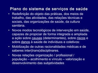 Plano do sistema de serviços de saúde
• Redefinição do objeto das práticas, dos meios de
trabalho, das atividades, das relações técnicas e
sociais, das organizações de saúde, da cultura
sanitária.
• Novos modos tecnológicos de intervenção em saúde,
capazes de propiciar de forma integrada e ampliada
a ação sobre causas (determinantes), sobre riscos e
sobre danos à saúde de indivíduos e coletivos:
• Mobilização de outras racionalidades médicas e de
saberes inter(trans)disciplinares.
• Novas relações organização / profissional /
população – acolhimento e vínculo – valorização e
desenvolvimento das subjetividades
 