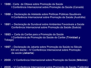 • 1986 - Carta de Ottawa sobre Promoção da Saúde
I Conferência Internacional sobre Promoção da Saúde (Canadá)
• 1988 – Declaração de Adelaide sobre Políticas Públicas Saudáveis
II Conferência Internacional sobre Promoção da Saúde (Austrália)
• 1991 – Declaração de Sundsval sobre Ambientes Favoráveis a Saúde
Conferência Internacional sobre Promoção da Saúde (Suécia)
• 1993 – Carta do Caribe para a Promoção da Saúde
I Conferência de Promoção da Saúde do Caribe (Trinidad y
Tobago)
• 1997 – Declaração de Jakarta sobre Promoção da Saúde no Século
XXI em diante – IV Conferência Internacional sobre Promoção
da saúde (Jakarta)
• 2000 – V Conferência Internacional sobre Promoção da Saúde (México)
• 2005 – VI Conferência Internacional sobre Promoção da Saúde (Tailândia)
 