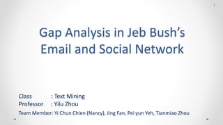 Gap Analysis in Jeb Bush’s
Email and Social Network
Team Member: Yi Chun Chien (Nancy), Jing Fan, Pei yun Yeh, Tianmiao Zhou
1
Class : Text Mining
Professor : Yilu Zhou
 
