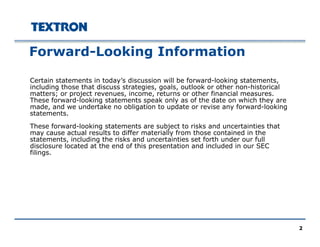 Forward-Looking Information
Certain statements in today’s discussion will be forward-looking statements,
including those that discuss strategies, goals, outlook or other non-historical
matters; or project revenues, income, returns or other financial measures.
These forward-looking statements speak only as of the date on which they are
made and we undertake no obligation to update or revise any forward-lookingmade, and we undertake no obligation to update or revise any forward looking
statements.
These forward-looking statements are subject to risks and uncertainties that
may cause actual results to differ materially from those contained in the
statements including the risks and uncertainties set forth under our fullstatements, including the risks and uncertainties set forth under our full
disclosure located at the end of this presentation and included in our SEC
filings.
22
 