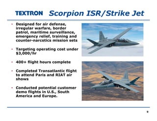 Scorpion ISR/Strike Jet
• Designed for air defense,
irregular warfare, border
patrol, maritime surveillance,
emergency relief, training ande e ge cy e e , t a g a d
counter-narcotics mission sets
• Targeting operating cost under
$3 000/hr$3,000/hr
• 400+ flight hours complete
• Completed Transatlantic flight
to attend Paris and RIAT air
shows
• Conducted potential customer
demo flights in U.S., South
America and Europe.
9
 