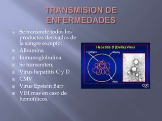    Se transmite todos los
    productos derivados de
    la sangre excepto:
   Albumina
   Inmunoglobulina
   Se transmiten;
   Virus hepatitis C y D
   CMV
   Virus Epstein Barr
   VIH mas en caso de
    hemofilicos.
 