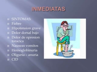    SINTOMAS:
   Fiebre
   Hipotension grave
   Dolor dorsal bajo
   Dolor de opresion
    toracica
   Nauseas vomitos
   Hemoglobinuria
   Oliguria – anuria
   CID
 