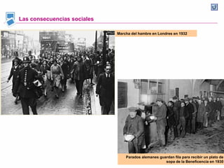 Las consecuencias sociales
Marcha del hambre en Londres en 1932
Parados alemanes guardan fila para recibir un plato de
sopa de la Beneficencia en 1930
 