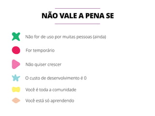 NÃO VALE A PENA SE 
Não for de uso por muitas pessoas (ainda) 
For temporário 
Não quiser crescer 
O custo de desenvolvimento é 0 
Você é toda a comunidade 
Você está só aprendendo 
 