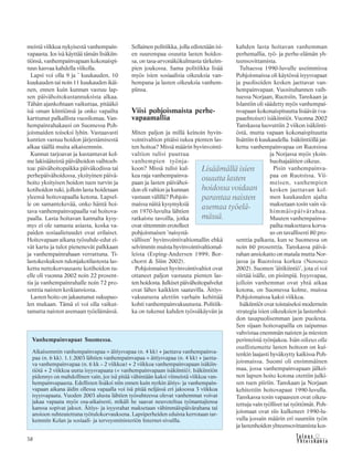 38 &Y h t e i s k u n t a
Ta l o u s
meistä viikkoa nykyisestä vanhempain-
vapaasta. Jos isä käyttää tämän lisäkiin-
tiönsä, vanhempainvapaan kokonaispi-
tuus kasvaa kahdella viikolla.
Lapsi voi olla 9 ja ˚ kuukauden, 10
kuukauden tai noin 11 kuukauden ikäi-
nen, ennen kuin kunnan vastuu lap-
sen päivähoitokustannuksista alkaa.
Tähän ajankohtaan vaikuttaa, pitääkö
isä oman kiintiönsä ja onko vapailta
karttunut palkallista vuosilomaa. Van-
hempainrahakausi on Suomessa Poh-
joismaiden toiseksi lyhin. Vastaavasti
kuntien vastuu hoidon järjestämisestä
alkaa täällä muita aikaisemmin.
Kunnat tarjoavat ja kustantavat kol-
me lakisääteistä päivähoidon vaihtoeh-
toa: päivähoitopaikka päiväkodissa tai
perhepäivähoidossa, yksityinen päivä-
hoito yksityisen hoidon tuen turvin ja
kotihoidon tuki, jolloin lasta hoidetaan
yleensä hoitovapaalla kotona. Lapsel-
le on samantekevää, onko häntä hoi-
tava vanhempainvapaalla vai hoitova-
paalla. Lasta hoitavan kannalta kysy-
mys ei ole samasta asiasta, koska va-
paiden sosiaalietuudet ovat erilaiset.
Hoitovapaan aikana työsuhde-edut ei-
vät kartu ja tulot pienenevät palkkaan
ja vanhempainrahaan verrattuna. Ti-
lastokeskuksen tulonjakotilastosta las-
kettu nettokorvausaste kotihoidon tu-
elle oli vuonna 2002 noin 22 prosent-
tia ja vanhempainrahalle noin 72 pro-
senttia naisten keskiansiosta.
Lasten hoito on jakautunut sukupuo-
len mukaan. Tämä ei voi olla vaikut-
tamatta naisten asemaan työelämässä.
Sellainen politiikka, jolla edistetään isi-
en suurempaa osuutta lasten hoidos-
sa, on tasa-arvonäkökulmasta tärkeim-
pien joukossa. Sama politiikka lisää
myös isien sosiaalisia oikeuksia van-
hempana ja lasten oikeuksia vanhem-
piinsa.
Viisi pohjoismaista perhe-
vapaamallia
Miten paljon ja millä keinoin hyvin-
vointivaltion pitäisi tukea pienten las-
ten hoitoa? Missä määrin hyvinvointi-
valtion tulisi puuttua
vanhempien työnja-
koon? Missä tulisi kul-
kea raja vanhempainva-
paan ja lasten päivähoi-
don eli valtion ja kunnan
vastuun välillä? Pohjois-
maissa näitä kysymyksiä
on 1970-luvulta lähtien
ratkaistu tavoilla, jotka
ovat sittemmin erotelleet
pohjoismaisen ’naisystä-
vällisen’ hyvinvointivaltiomallin ehkä
selvimmin muista hyvinvointivaltiomal-
leista (Esping-Andersen 1999; Bor-
chorst & Siim 2002).
Pohjoismaiset hyvinvointivaltiot ovat
ottaneet paljon vastuuta pienten las-
ten hoidosta. Julkiset päivähoitopalvelut
ovat lähes kaikkien saatavilla. Äitiys-
vakuutusta alettiin varhain kehittää
kohti vanhempainvakuutusta. Politiik-
ka on tukenut kahden työssäkäyvän ja
kahden lasta hoitavan vanhemman
perhemallia, työ- ja perhe-elämän yh-
teensovittamista.
Tultaessa 1990-luvulle useimmissa
Pohjoismaissa oli käytössä isyysvapaat
ja puolisoiden kesken jaettavat van-
hempainvapaat. Vuosituhannen vaih-
tuessa Norjaan, Ruotsiin, Tanskaan ja
Islantiin oli säädetty myös vanhempai-
nvapaan kokonaispituutta lisäävät (va-
paaehtoiset) isäkiintiöt. Vuonna 2002
Tanskassa luovuttiin 2 viikon isäkiinti-
östä, mutta vapaan kokonaispituutta
lisättiin 6 kuukaudella. Isäkiintiöllä jat-
kettu vanhempainvapaa on Ruotsissa
ja Norjassa myös yksin-
huoltajaäitien oikeus.
Pisin vanhempainva-
paa on Ruotsissa. Vii-
meisen, vanhempien
kesken jaettavan kol-
men kuukauden ajalta
maksetaan tosin vain vä-
himmäispäivärahaa.
Muuten vanhempainva-
pailta maksettava korva-
us on tavallisesti 80 pro-
senttia palkasta, kun se Suomessa on
noin 60 prosenttia. Tanskassa päivä-
rahan ansiokatto on matala mutta Nor-
jassa ja Ruotsissa korkea (Nososco
2002). Suomen ’äitikiintiö’, jota ei voi
siirtää isälle, on pisimpiä. Isyysvapaa,
jolloin vanhemmat ovat yhtä aikaa
kotona, on Suomessa kolme, muissa
Pohjoismaissa kaksi viikkoa.
Isäkiintiöt ovat toistaiseksi modernein
strategia isien oikeuksien ja lastenhoi-
don tasapuolisemman jaon puolesta.
Sen sijaan hoitovapailla on taipumus
vahvistaa enemmän naisten ja miesten
perinteistä työnjakoa. Isän oikeus olla
osallistumatta lasten hoitoon on kui-
tenkin laajasti hyväksytty kaikissa Poh-
joismaissa. Suomi oli ensimmäinen
maa, jossa vanhempainvapaan jälkei-
nen lapsen hoito kotona otettiin julki-
sen tuen piiriin. Tanskaan ja Norjaan
kehitettiin hoitovapaat 1990-luvulla.
Tanskassa tosin vapaaseen ovat oikeu-
tettuja vain työlliset tai työttömät. Poh-
joismaat ovat siis kulkeneet 1990-lu-
vulla jossain määrin eri suuntiin työn
ja lastenhoidon yhteensovittamista kos-
Vanhempainvapaat Suomessa.
Aikaisemmin vanhempainvapaa = äitiysvapaa (n. 4 kk) + jaettava vanhempainva-
paa (n. 6 kk). 1.1.2003 lähtien vanhempainvapaa = äitiysvapaa (n. 4 kk) + jaetta-
va vanhempainvapaa (n. 6 kk – 2 viikkoa) + 2 viikkoa vanhempainvapaan isäkiin-
tiötä + 2 viikkoa uutta isyysvapaata (= vanhempainvapaan isäkiintiö). Isäkiintiön
pidennys on mahdollinen vain, jos isä pitää vähintään kaksi viimeistä viikkoa van-
hempainvapaasta. Edellisten lisäksi niin ennen kuin nytkin äitiys- ja vanhempain-
vapaan aikana äidin ollessa vapaalla voi isä pitää neljässä eri jaksossa 3 viikkoa
isyysvapaata. Vuoden 2003 alusta lähtien työsuhteessa olevat vanhemmat voivat
jakaa vapaata myös osa-aikaisesti, mikäli he saavat neuvoteltua työnantajiensa
kanssa sopivat jaksot. Äitiys- ja isyysrahat maksetaan vähimmäispäivärahana tai
ansioon suhteutettuna työtulokorvauksena. Lapsiperheiden eduista kerrotaan tar-
kemmin Kelan ja sosiaali- ja terveysministeriön Internet-sivuilla.
Lisäämällä isien
osuutta lasten
hoidossa voidaan
parantaa naisten
asemaa työelä-
mässä.
 