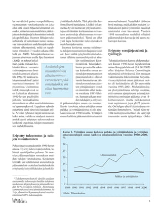 3&Y h t e i s k u n t a
Ta l o u s
lut merkittävä paino veropolitiikassa,
suomalainen verokeskustelu on joko
ollut siitä visusti hiljaa tai leimannut sen
osaksi johtavien sanomalehtien pääkir-
joitustoimittajienjakolumnistienirvimää
jakopolitiikkaa. Suomen lähiajan talo-
ushistoria ei kuitenkaan tunne vastaa-
vaa tuloverotuksen uudelleenjakovaiku-
tuksen vähentymistä, mikä on tapah-
tunut viimeisen 7 vuoden aikana (Rii-
helä ym. 2002). Tulonjakotilaston tar-
joaman aineiston avulla Ilpo Suoniemi
(2002) on tehnyt laskel-
man, jonka mukaan kes-
kimääräinen veroaste
(tuloverojen osuus brut-
totuloista) nousi aikavä-
lillä 1990–99 kaikissa tu-
lokymmenyksissä2
paitsi
suurituloisimmassa 10
prosentissa. Useimmissa
tulokymmenyksissä se
on kuitenkin alentunut
1990-luvun puolivälin
jälkeen. Voimakkainta
aleneminen on ollut suurituloisimmas-
sa kymmenyksessä. Leppäsen ryhmän
raportissa tämä tieto toki tuodaan esil-
le. Arvelan ryhmä ei näytä tunnistavan
koko asiaa, vaikka se analysoi muuten
ansiokkaasti eriytetyn tuloverotuksen
keskeistä ongelmaa, tulojen muuntami-
sen mahdollisuutta.
Eriytetty tuloverotus ja tulo-
jen muuntaminen
Pohjoismaissa omaksuttiin 1990-luvun
alussa eriytetty tuloverojärjestelmä, lä-
hinnä verokilpailun pelossa. Se erot-
telee pääomatulojen verotuksen mui-
den tulojen verotuksesta. Keskeinen
kritiikki on kohdistunut ansiotulon ja
pääomatulon erottelun hankaluuksiin
erityisesti yksityisliikkeiden ja henkilö-
yhtiöiden kohdalla. Tätä pidetään hal-
linnollisesti hankalana. Lisäksi se kan-
nustaa hyvin tuottavan yrityksen omis-
tajaa siirtämään korkeamman veroas-
teen ansiotuloja alhaisemman veroas-
teen pääomatuloiksi. Tämä on ollut
yksi tapa heikentää tuloverotuksen
uudelleenjakavuutta.
Suomea koskevaa suoraa tutkimus-
ta tulojen muuntamisen laajuudesta ei
ole. Juuri näiltä työryhmiltä olisi odot-
tanut tällaista taustaselvitystä tai aina-
kin tutkimuksen käyn-
nistämistä. Tulonjakoti-
laston perusteella uskal-
taa kuitenkin sanoa an-
siotulojen muuntamisen
pääomatuloiksi olevan
varsin huomattavaa. An-
siotuloverotuksen alais-
ten yrittäjätulojen trendi
on nimittäin ollut laske-
va vuodesta 1993 lähti-
en. Samaan aikaan mui-
den tulolajien ja erityises-
ti pääomatulojen osuus on noussut.
Kuvio 1 osoittaa, miten yrittäjien osuus
palkka- ja yrittäjätuloista ei ole aina-
kaan noussut 1990-luvulla. Yrittäjien
osuus kaikista pääomatuloista taas on
noussut huimasti. Vertailuksi tähän on
hyvä muistaa, että kaikkien muiden ko-
titalouksien paitsi työttömien reaaliset
ansiotulot ovat kasvaneet. Vuoden
1993 verouudistus vauhditti selkeästi
pääomatulojen kasvua ja sitä kautta tu-
loerojen kasvua.
Eriytetty verojärjestelmä ja
työllisyys
Tulonjakotilaston kanssa yhdenmukai-
sen kuvan 1990-luvun tapahtumista
antaa Kauppalehdessä (24.10.2002)
ollut kirjoitus Balance Consultingin
tekemästä selvityksestä. Sen mukaan
vakiintunutta liiketoimintaa harjoitta-
vissa yrityksissä oman pääoman tuot-
to oli keskimäärin yli 20 prosenttia
vuosina 1995–2001. Mielenkiintoise-
na yksityiskohtana selvitys osoittaa,
että samana ajanjaksona asianajotoi-
mistoissa omistajan pääomat ovat 11-
kertaistuneet, mutta palkkamenot
ovat supistuneet, jopa yli 22 prosent-
tia. On helppo yhtyä kirjoituksen esit-
tämään ihmettelyyn, ”miksi näin hy-
villä tuottoprosenteilla ei ole syntynyt
enemmän uusia työpaikkoja. Onko
2
Tulokymmenykset eli -desiilit saadaan
asettamalla tulonsaajat heidän tulojensa
mukaiseen järjestykseen ja jakamalla hei-
dät 10 %:n välein ryhmiin. Alimmassa
kymmenyksessä ovat pienituloisimmat 10
% ja ylimmässä kymmenyksessä suuritu-
loisimmat 10 % tulonsaajista.
Kuvio 1. Yrittäjien osuus kaikista palkka- ja yrittäjätuloista ja yrittäjien
omaisuustulojen osuus kaikista omaisuustuloista vuosina 1990–2000,
%.
Lähde: Tilastokeskus.
Ansiotulojen
muuntaminen
alhaisemman
veroasteen pää-
omatuloiksi on
ollut huomatta-
vaa.
 