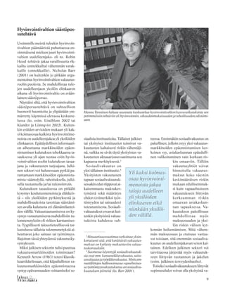 9&Y h t e i s k u n t a
Ta l o u s
Hyvinvointivaltion säästöpos-
sutehtävä
Useimmille meistä tuleekin hyvinvoin-
tivaltion päämääristä puhuttaessa en-
simmäisenä mieleen juuri hyvinvointi-
valtion uudelleenjako- eli ns. Robin
Hood -tehtävä: jakaa varallisuutta rik-
kailta (onnekkailta) vähemmän varak-
kaille (onnekkaille). Nicholas Barr
(2001) on kuitenkin jo pitkään argu-
mentoinut hyvinvointivaltion vakuutus-
roolin puolesta. Se mahdollistaa tulo-
jen uudelleenjaon yksilön elinkaaren
aikana eli hyvinvointivaltio on erään-
lainen säästöporsas.
Näyttäisi siltä, että hyvinvointivaltion
säästöporsastehtävä on suhteellisen
huonosti huomioitu ja ylipäätään ym-
märretty käynnissä olevassa keskuste-
lussa (ks. esim. Lindblom 2002 tai
Kiander ja Lönnqvist 2002). Kuiten-
kin eräiden arvioiden mukaan yli kak-
si kolmasosaa kaikista hyvinvointime-
noista on uudelleenjakoa yli yksilöiden
elinkaaren. Epätäydellisen informaati-
on aiheuttama markkinoiden epäon-
nistuminen kulutuksen tehokkaassa ta-
sauksessa yli ajan nostaa esiin hyvin-
vointivaltion roolin kulutuksen tasaa-
jana ja vakuutusten tarjoajana. Julki-
nen sektori voi halutessaan pyrkiä pa-
rantamaan markkinoiden epäonnistu-
mista: sääntelyllä, rahoituksella, julki-
sella tuotannolla ja/tai tulonsiirroin.
Kulutuksen tasauksessa on pitkälti
kysymys koulutusmenoista ja eläkkeis-
tä – siis yksilöiden pyrkimyksestä ja
mahdollisuuksista tasoittaa säästämi-
sen avulla kulutusta eri elämäntilantei-
den välillä. Vakuuttautumisessa on ky-
symys varautumisesta mahdollisiin tu-
lonmenetyksiin eli riskien karttamises-
ta. Tyypillisesti taloustieteellisessä tar-
kastelussa tällaisia tulonmenetyksiä ai-
heuttavat joko sairaus tai työttömyys.
Rajoitun tässä yhteydessä vakuutusky-
symykseen.
Miksi julkisen sektorin tulisi puuttua
vakuutusmarkkinoiden toimintaan?
Kenneth Arrow (1963) totesi klassik-
koartikkelissaan, että kilpailullisten va-
kuutusmarkkinoiden epäonnistuessa
syntyy epävarmuuden voittamiseksi so-
siaalisia instituutioita. Tällaiset julkiset
tai yksityiset instituutiot toimivat va-
kuutusten kaltaisesti riskin vähentäji-
nä, vaikka ne eivät täytä yksityisten va-
kuutusten aktuaarisuusvaatimusta sen
kapeassa merkityksessä.3
Sosiaalivakuutus on
yksi tällainen instituutio.4
Yksityisten vakuutusten
tapaan sosiaalivakuutuk-
sessakin edut riippuvat ai-
kaisemmasta maksuker-
tymästä sekä määrätyn
ehdon (esimerkiksi työt-
tömyyden tai sairauden)
toteutumisesta. Sosiaali-
vakuutukset eroavat kui-
tenkin yksityisistä vakuu-
tuksista kahdessa suh-
teessa. Ensinnäkin sosiaalivakuutus on
pakollinen, jolloin estyy yksi vakuutus-
markkinoiden epäonnistumisen kes-
keinen syy, asiakaskunnan epäedulli-
nen valikoituminen vain korkean ris-
kin omaaviin. Tällöin
vakuutusyhtiöt voivat
hinnoitella vakuutus-
maksut koko väestön
keskimääräisen riskin
mukaan edullisemmak-
si kuin vapaaehtoiseen
vakuutukseen liittyvän
korkeamman riskin
omaavan asiakaskun-
nan tapauksessa. Va-
kuutuksen pakollisuus
mahdollistaa myös
maksuosuuden ja yksi-
lön riskin välisen kyt-
kennän heikentämisen. Mitä vähem-
män maksuosuus ja etuisuus vastaa-
vat toisiaan, sitä enemmän sosiaaliva-
kuutus on uudelleenjakavan veron kal-
tainen. Edelleen julkinen sektori voi
tarvittaessa järjestää myös vakuutuk-
seen liittyvän tuotannon ja jakelun
(esim. julkinen terveydenhuolto).
Toiseksi sosiaalivakuutukseen liittyvät
sopimusehdot voivat olla yksityistä va-
Yli kaksi kolmas-
osaa hyvinvointi-
menoista jakaa
tuloja uudelleen
yli yksilöiden
elinkaaren eikä
niinkään yksilöi-
den välillä.
Hannu Tanninen haluaa suunnata keskustelua hyvinvointivaltion kasvuvaikutuksista sen
perimmäisiin tehtäviin eli hyvinvoinnin, oikeudenmukaisuuden ja tehokkuuden edistämi-
seen.
3
Aktuaarisuusvaatimus tarkoittaa yksin-
kertaisesti sitä, että kerättävät vakuutus-
maksut on kytketty maksettaviin vakuu-
tuskorvauksiin.
4
Suomessa käytettyjä sosiaalivakuutuk-
sia ovat mm. kansaneläkevakuutus, saira-
usvakuutusjatyöeläkevakuutus.Myösam-
mattiliittojenhallinnoimassavapaehtoises-
satyöttömyysvakuutuksessaonsosiaaliva-
kuutuksen piirteitä (ks. Barr 2001).
 