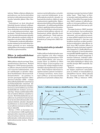7&Y h t e i s k u n t a
Ta l o u s
tuksista. Näiden erilaisten uhkakuvien
puristuksessa ovat hyvinvointivaltion
perinteiset mikrotalousteoreettiset pe-
rustelut kuitenkin jääneet lähes huo-
miotta.
Tarkoitukseni on tässä yhteydessä
kiinnittää huomio kolmeen seikkaan.
Ensinnäkin hyvinvointivaltiokeskuste-
lussa sekoitetaan usein keskenään mik-
ro- ja makrotalousteoreettinen argu-
mentaatio. Toiseksi keskustelu keskit-
tyy hyvinvointivaltiomenojen taloudel-
lisiin vaikutuksiin unohtaen niiden al-
kuperäiset tavoitteet lähes täydellises-
ti. Kolmanneksi modernin julkistalous-
teorian mukaan hyvinvointivaltion kes-
keinen perustelu on tarve suojautua
epätäydellisen informaation tuottamilta
riskeiltä ja epävarmuudelta.
Mikro- ja makronäkökulmat
hyvinvointivaltioon
Mihin julkista sektoria tarvitaan? Kan-
santaloustieteen klassisessa, Richard
Musgraven (1959) luomassa jaottelus-
sa julkisen sektorin keskeisiä tehtäviä
ovat resurssien kohdentaminen, tulo-
jen uudelleenjako ja talouden vakau-
desta huolehtiminen. Resurssien koh-
dentamistehtävä – siis pyrkimys re-
surssien parempaan käyttöön vaihto-
ehtoisten kohteiden välillä – voidaan
jakaa julkishyödykkeiden tarjontaan ja
meriittihyödykkeiden tarjontaan. Jul-
kishyödykkeillä tarkoitetaan maanpuo-
lustusta ja yleistä hallintoa ja meriitti-
hyödykkeillä mm. koulutus- ja terveys-
palveluja. Tulojen uudelleenjakotehtä-
vää on hoidettu lähinnä sosiaaliturva-
menoin. Meriittihyödykkeiden ja sosi-
aaliturvan on perinteisesti katsottu kuu-
luvan hyvinvointivaltiomenoihin. Kol-
mannen tehtävän, talouden vakaudesta
huolehtimisen on yleensä nähty tapah-
tuvan julkisten menojen ja tulojen ero-
tuksen säätelyllä.
Mirrlees (1994) on kuvannut osu-
vasti taloustieteen sisällä tapahtuneita
painopisteiden muutoksia ja julkisen
sektorin kolmen tehtävän eriytymistä
julkistalouden (mikrotalousteorian) ja
makrotalousteorian kesken. Erikois-
tumisen myötä julkistalous on keskit-
tynyt resurssien kohdentamis- ja uu-
delleenjakokysymyksiin talouden va-
kauttamiskysymyksen jäädessä mak-
rotaloustieteen oppikirjoihin. Makro-
talousteorian kehittyessä keynesiläinen
vakauttamis- eli stabilisaatiopolitiikka
syrjäytyi oppikirjaesityksessä ja paino-
piste siirtyi politiikan uskottavuusky-
symyksen myötä julkisen sektorin vel-
kaantumisen pitkän aikavälin kestä-
vyyden pohtimiseen. Tämä makrota-
loudellinen puoli on esitetty mm.
Kianderin ja Lönnqvistin (2002) kir-
jassa.
Hyvinvointivaltio ja taloudel-
linen kasvu
Vaikka julkisen budjettitalouden tasa-
paino-ongelmat ovat olleet mukana
talouspoliittisessa keskustelussa 1970-
luvun lopulta lähtien, niin vasta Eu-
roopan talous- ja rahaliitto ja siihen
liittyvä vakaus- ja kasvusopimus ovat
nostaneet EU-maiden budjetit keskei-
simmäksi talouspoliittiseksi kysymyk-
seksi. Aluksi budjetin tiukentunut ta-
sapainovaatimus painotti ensisijaises-
ti menojen karsimista, mutta asetet-
tujen työllisyys- ja kasvutavoitteiden
puitteissa on nyttemmin ryhdytty huo-
mioimaan menojen karsimisen lisäksi
niiden ’laatu’. Tämä ’laatu’ on liitet-
ty menojen makrotaloudellisiin vaiku-
tuksiin. Esimerkiksi Euroopan komis-
sion (2002) mukaan eri julkisilla me-
noilla on toisistaan poikkeavia vaiku-
tuksia taloudelliseen kasvuun ja työl-
lisyyteen.
Euroopan komissio (2002) jaottelee
eri menoryhmien kasvuvaikutuksia
kuvion 1 ja taulukon 1 mukaisesti. Ha-
vaitsemme, että osa julkisista menois-
ta omaa pelkkiä negatiivisia kasvuvai-
kutuksia (kategoria 1), kun taas osal-
la julkista menoista on aluksi positiivi-
sia kasvuvaikutuksia, jotka alkavat vä-
hetä tietyn BKT-osuuden jälkeen ja
kääntyvät lopulta kokonaan negatiivi-
siksi (kategoria 2). Osalla julkisista me-
noista (kategoria 3) kasvuvaikutukset
ovat pienillä määrillä negatiiviset, mutta
ne käyttäytyvät muuten kategorian 2
menojen kaltaisesti. Joidenkin julkis-
ten menojen positiivinen vaikutus kas-
vuun alkaa mahdollisesti vähetä vasta
suurilla menojen BKT-osuuksilla (ka-
tegoria 4).
Taulukon 1 mukainen jaottelu perus-
tuu laajaan empiiriseen materiaalin,
jossa on tutkittu eri menoluokkien ja
taloudellisen kasvun välistä yhteyttä
(ks. Euroopan komissio 2002 sekä
Bénabou 1996 ja Atkinson 1999).
Taloudellinenkasvu
Kategoria 3Kategoria 2 Kategoria 4
Kategoria 1
Menot/BKT
Kuvio 1. Julkisten menojen ja taloudellisen kasvun välinen suhde.
Lähde: Euroopan komissio (2002, 85).
 