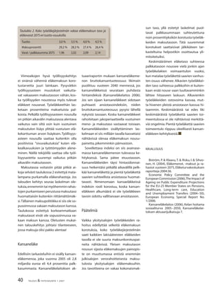 40 TALOUS & YHTEISKUNTA 1· 2007
Viimeaikojen hyvä työllisyyskehitys
ei sinänsä vähennä eläkemaksun koro-
tustarvetta juuri lainkaan. Pysyvätkin
työllisyysasteen muutokset vaikutta-
vat vakaaseen maksutasoon vähän, kos-
ka työllisyyden noustessa myös tulevat
eläkkeet nousevat. Työeläkkeethän las-
ketaan prosentteina maksetuista pal-
koista. Pelkällä työllisyysasteen nousulla
on pitkän aikavälin maksutasoa alentava
vaikutus vain siltä osin kuin vuotuinen
maksutulon lisäys ylittää vuotuisen elä-
kekarttuman arvon lisäyksen. Työllisyys-
asteen nousulla saattaa kuitenkin olla
positiivisia ”sivuvaikutuksia” kuten elä-
kealkavuuksien ja työttömyyden alene-
minen. Näillä tekijöillä saattaa olla työl-
lisyysastetta suurempi vaikutus pitkän
aikavälin maksutasoon.
Maksutasoa voitaisiin pitää pitkiä ai-
koja selvästi taulukossa 2 esitettyä mata-
lampana purkamalla eläkerahastoja. Jos
talouden kehitys seuraa laskelman ole-
tuksia,ennemmintaimyöhemminrahas-
tojenpurkamiseenperustuvamaksutaso
huomattaisiin kuitenkin riittämättömäk-
si.Tällainen maksupolitiikka ei siis ole so-
pusoinnussa vakaan maksutason kanssa.
Taulukossa esitettyä korkeammatkaan
maksutasot eivät ole sopusoinnussa va-
kaan maksun kanssa. Oletusten mukai-
nen talouskehitys johtaisi tilanteeseen,
jossa maksuja olisi pakko alentaa!
Kansaneläke
Edellisiin tarkasteluihin ei sisälly kansan-
eläkemenoa, joka vuonna 2005 oli 2,8
miljardia euroa eli 4,4 prosenttia palk-
kasummasta. Kansaneläkelaitoksen ak-
tuaariraportin mukaan kansaneläkeme-
non bruttokansantuoteosuus likimain
puolittuu vuoteen 2040 mennessä, jos
kansaneläkkeissä seurataan puhdasta
hintaindeksiä (Kansaneläkelaitos 2006).
Jos sen sijaan kansaneläkkeet sidotaan
puhtaasti ansiotasoindeksiin, niiden
bruttokansantuoteosuus pysyisi lähellä
nykyistä tasoaan. Koska kansaneläkkeet
rahoitetaan jakoperiaatteella vuotuinen
meno- ja maksutaso vastaavat toisiaan.
Kansaneläkkeiden sisällyttäminen las-
kelmaan ei siis millään tavalla kasvattaisi
nähtävissä olevaa eläkemaksun nousu-
painetta,pikemminkin päinvastoin.
Sovellettava indeksi on siis avainase-
massa kansaneläkemenon tulevassa ke-
hityksessä. Sama pätee etuustasoon.
Kansaneläkkeiden täysi hintasidonnai-
suus heikentäisi pitkällä aikavälillä pelk-
kää kansaneläkettä ja pientä työeläkettä
saavien suhteellista ansiotasoa huomat-
tavasti. Nimenomaan kansaeläkkeissä
indeksin rooli korostuu, koska kansan-
eläkkeen alkumäärä ei ole työeläkkeen
tavoin sidottu vallitsevaan ansiotasoon.
Päätelmiä
Vaikka yksityisalojen työeläkkeiden ra-
hoitus edellyttää selkeitä eläkemaksun
korotuksia, koko työeläkejärjestelmän
saati kaikkien lakisääteisten eläkkeiden
tasolla ei ole suuria maksunkorotuspai-
neita nähtävissä. Yleisen maksutason
nousun sijasta eläkemaksujen painopis-
te on muuttumassa entistä enemmän
julkisalojen verorahoitteisesta maksu-
tulosta yksityisalojen eläkemaksuihin.
Jos tavoitteena on vakaa kokonaismak-
sun taso, yllä esitetyt laskelmat puol-
tavat palkkasummaan suhteutettuna
noin prosenttiyksikön korotusta työeläk-
keiden maksutasoon. Tätä suuremmat
korotukset saattaisivat jälkikäteen tar-
kasteltuina helpostikin osoittautua yli-
mitoitetuiksi.
Keskimääräinen eläketaso suhteessa
palkkatasoon noussee vielä jonkin ajan
työeläkelakien voimaantulon vuoksi,
kun matalaa työeläkettä saavien vanhus-
ten osuus vähenee. Alkavien työeläkkei-
den taso suhteessa palkkoihin ei kuiten-
kaan enää nouse vaan luultavamminkin
lähtee hitaaseen laskuun. Alkavienkin
työeläkkeiden ostovoima kasvaa, mut-
ta hivenen yleistä ansiotason kasvua hi-
taammin. Keskimääräistä tai edes liki
keskimääräistä työeläkettä saavien toi-
meentulossa ei ole nähtävissä merkittä-
viä ongelmia. Pientä työeläkettä saavien
toimeentulo riippuu oleellisesti kansan-
eläkkeen kehityksestä.■
KIRJALLISUUS
Biström, P. & Klaavu,T. & Risku, I. & Sihvo-
nen, H. (2004), Eläkemenot, -maksut ja ra-
hastot vuoteen 2075, Eläketurvakeskuksen
raportteja 2004:36.
Economic Policy Committee and the
EuropeanCommission(2006),TheImpact of
Ageing on Public Expenditure: Projections
for the EU-25 Member States on Pensions,
Healthcare, Long-term care, Education
and Unemployment Transfers (2004−50),
European Economy, Special Report No.
1/2006.
Kansaneläkelaitos (2006), Kelan hoitama
sosiaaliturva 2005−2050, Kansaneläkelai-
toksen aktuaarijulkaisuja 7.
Tuotto 3,0 % 3,5 % 4,0 % 4,5 %
Maksuprosentti 29,2 % 28,3 % 27,4 % 26,4 %
Varat / palkkasumma 2075 1,96 2,02 2,09 2,14
Taulukko 2. Koko työeläkejärjestelmän vakaa eläkemaksun taso ja
eläkevarat 2075 eri tuotto-osuuksilla.
 