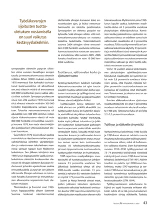 43TALOUS & YHTEISKUNTA 1·2007
syntyvyyden oletettiin pysyvän sillois-
ten viime vuosien havaittujen arvojen
tasolla ja nettomaahanmuutto oletettiin
nollaksi. Alhon (2002) mukaan vuoteen
1970 mennessä liian korkeaksi osoittau-
tunut kuolevuusoletus oli aiheuttanut
sen, että väestön määrä oli ennusteessa
600 000 henkilöä liian pieni, vaikka välis-
sä olivat sodatkin. Syntyvyys puolestaan
nousi niin, että vuoteen 1970 mennessä
siitä aiheutui väestön määrään 300 000
henkilön lisäpoikkeama samaan suun-
taan. Toisaalta nettomaastamuutto oli
aikavälillä noin 300 000 oletetun nollan
sijasta. Kokonaisuutena väestö oli noin
800 000 henkilöä ennustettua suurem-
pi vuonna 1970, kun myös väestötekijöi-
den poikkeamien yhteisvaikutukset ote-
taan huomioon.
Suunnilleen 1970-luvun alkuun saakka
suomalaisissa väestöennusteiden perus-
vaihtoehdossa oletettiin väestötekijöi-
den jo vakautuneen tekohetkeen men-
nessä samaan tapaan kuin Modeenin
laskelmissa. Sen jälkeen tehdyissä aina
1990-luvun loppupuolelle saakka perus-
laskelmissa oletettiin kuolevuuden ale-
nevan eli elinajan odotteen kasvavan hi-
dastuvasti johonkin ajankohtaan saakka
ennustekaudella ja pysyvän sen jälkeen
sillä tasolla. Elinajan odotteen on toistu-
vasti havaittu kasvaneen jo ennustekau-
sien alkuvuosina nopeammin kuin ole-
tuksen mukaan.
Tilastokeskus ja Eurostat ovat 1990-
luvun loppupuolelta alkaen laatineet
Suomea koskevat väestöennusteet
olettamalla elinajan kasvavan koko en-
nustekauden ajan, ja lisäksi nettomaa-
hanmuutto on oletettu positiiviseksi.
Syntyvyyden on oletettu pysyvän ny-
kytasolla. Sekä elinajan odote- että net-
tomaahanmuutto-oletusta on nostettu
laskelma laskelmalta. Todennäköisesti
vuonna 2004 tehtyjen viime ennustei-
den 6 000 henkilön vuotuista nettomaa-
hanmuuttovauhtia nostetaan seuraavis-
sa ennusteissa, sillä vuosien 2005−2006
havaittu keskiarvo on noin 10 000 hen-
kilöä vuodessa.
Tuottavuus, valtionvelan korko ja
sijoitusten tuotto
Kestävyyslaskelmien tuloksen kannalta
kokonaistuottavuuden tai työn tuotta-
vuuden muutos,valtionvelan korko,sijoi-
tusten tuottoaste ja työllisyys(aste) ovat
tärkeimmät muuttujat ja epävarmuuden
lähteet väestötekijöiden lisäksi.
Tuottavuuden kasvu ratkaisee sen,
mikä elintaso on pitkällä aikavälillä. Jos
tuottavuuden kasvu on kuitenkin tasais-
ta,vauhdilla ei ole julkisen talouden kes-
tävyyden kannalta ”täyttä” merkitystä,
koska myös julkiset tulonsiirrot ja julki-
sen tuotannon kustannukset palkkojen
kautta sopeutuvat osaksi tähän vauhtiin
verotulojen lisäksi. Toisaalta mikäli tuot-
tavuuden kasvun ja valtionvelan koron
tai sijoitusten tuottoasteen erotus muut-
tuu saman verran kuin tuottavuuden
muutos eli rahoitusmarkkinamuuttu-
jat ovat riippumattomia tuottavuudesta,
tuottavuuden merkitys on huomattava.
STAT-raportissa reaalipalkkojen muu-
tosvauhti oli tuottavuuskasvun johdan-
naisena 2,5 prosenttia vuodessa. Sen
jälkeisissä laskelmissa oletus oli aina
2000-luvulle saakka enintään 1,5 pro-
senttia ja nykyisin EU-vetoisten laskelmi-
en myötä 1,75 prosenttia vuodessa.
Suomi ja Norja lienevät ainoat maat,
joiden julkiseen talouteen sijoitusten
tuottoaste vaikuttaa keskeisesti omistus-
ten kautta.STAT-raportissa oletettiin työ-
eläkesijoitustenreaalituotonolevannolla
tulevaisuudessa.Myöhemmin,aina 1990-
luvun lopulle saakka, laskelmien reaali-
tuotto-oletus oli 3 prosenttia vuodessa
yksityisalojen eläkesijoituksissa. Komis-
sion kestävyyslaskelmissa sijoitusten re-
aalituotto-oletus on edelleen sama kuin
valtionvelan reaalikorko eli 3 prosenttia
vuodessa.Tällä vuosikymmenellä on kan-
sallisissalaskelmissakäytetty3,5prosent-
tia ja mahdollisesti tästä eteenpäin 4 pro-
senttia.Näkemysmuutoksissa heijastuvat
sijoitussäännösten muutokset enemmän
riskinottoa sallivaan ja siten tuotto-odo-
tuksia nostavaan suuntaan.
Viime 10 vuoden aikana keskimääräi-
nen yksityisalojen työeläkesijoitusten
toteutunut reaalituotto on kuitenkin ol-
lut noin 5,8 prosenttia vuodessa. Voita-
neen sanoa, että muutos nollasta nel-
jään prosenttiin tuotto-odotuksessa on
runsaassa 20 vuodessa ollut dramaatti-
nen. Toteutuneen ja oletetun ero on se-
kin erittäin merkittävä.
Kuntien eläkevakuutuksen sijoitusten
reaalituottotavoite on ollut 4 prosenttia
vuodessa rahastoinnin alusta eli vuodes-
ta 1988 asti.Toteutunut luku on arviolta
5,2−5,3 prosenttia vuodessa.
Työllisyys ja eläkkeelle siirtymisikä
Varhaisimmissa laskelmissa 1980-luvulla
ja 1990-luvun alussa ei odotettu suurta
muutosta tulevaisuuden työllisyysasteis-
sa suhteessa siihen, mikä oli kulloinen-
kin vallitseva tilanne. Siten korkeimmat
vuosien 2010−2030 työllisyysasteet eli
73–74 prosenttia työikäisestä väestöstä
esiintyvät juuri ennen 1990-luvun lamaa
tehdyissä laskelmissa (STM 1991).Näihin
tasoihin on palattu nyt 2000-luvun las-
kelmissa, mutta STAT-raportissa ja var-
sinkin 1990-luvun lamanaikaisissa ja -jäl-
keisissä tunnelmissa työllisyysasteiden
oletettiin pysyvän tätä matalampina tu-
levaisuudessakin (STM 1994).
Työllisyysasteeseen vaikuttavana te-
kijänä on syytä huomata erikseen elä-
keiän odote eli se ikä, jossa kansalainen
keskimäärin siirtyy eläkkeelle. Todettu
Työeläkevarojen
sijoitusten tuotto-
oletuksen nostamisella
on suuri vaikutus
kestävyyslaskelmiin.
 