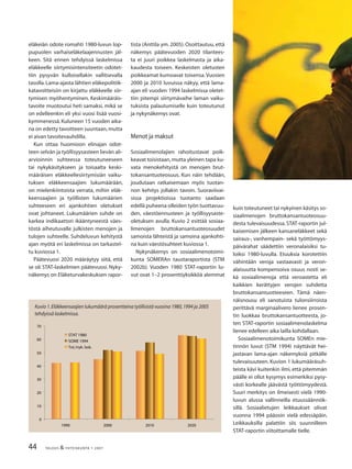 44 TALOUS & YHTEISKUNTA 1· 2007
eläkeiän odote romahti 1980-luvun lop-
pupuolen varhaiseläkelaajennusten jäl-
keen. Sitä ennen tehdyissä laskelmissa
eläkkeelle siirtymisintensiteetin odotet-
tiin pysyvän kulloisellakin vallitsevalla
tasolla.Lama-ajasta lähtien eläkepolitiik-
katavoitteisiin on kirjattu eläkkeelle siir-
tymisen myöhentyminen. Keskimääräis-
tavoite muotoutui heti samaksi, mikä se
on edelleenkin eli yksi vuosi lisää vuosi-
kymmenessä. Kuluneen 15 vuoden aika-
na on edetty tavoitteen suuntaan,mutta
ei aivan tavoitevauhdilla.
Kun ottaa huomioon elinajan odot-
teen selvän ja työllisyysasteen lievän ali-
arvioinnin suhteessa toteutuneeseen
tai nykykäsitykseen ja toisaalta keski-
määräisen eläkkeellesiirtymisiän vaiku-
tuksen eläkkeensaajien lukumäärään,
on mielenkiintoista verrata, mihin eläk-
keensaajien ja työllisten lukumäärien
suhteeseen eri ajankohtien oletukset
ovat johtaneet. Lukumäärien suhde on
karkea indikaattori ikääntyneestä väes-
töstä aiheutuvalle julkisten menojen ja
tulojen suhteelle. Suhdeluvun kehitystä
ajan myötä eri laskelmissa on tarkastel-
tu kuviossa 1.
Päätevuosi 2020 määräytyy siitä, että
se oli STAT-laskelmien päätevuosi. Nyky-
näkemys on Eläketurvakeskuksen rapor-
tista (Anttila ym. 2005). Osoittautuu, että
näkemys päätevuoden 2020 tilantees-
ta ei juuri poikkea laskelmasta ja aika-
kaudesta toiseen. Keskeisten oletusten
poikkeamat kumoavat toisensa.Vuosien
2000 ja 2010 luvuissa näkyy, että lama-
ajan eli vuoden 1994 laskelmissa oletet-
tiin pitempi siirtymävaihe laman vaiku-
tuksista palautumiselle kuin toteutunut
ja nykynäkemys ovat.
Menot ja maksut
Sosiaalimenolajien rahoitustavat poik-
keavat toisistaan,mutta yleinen tapa ku-
vata menokehitystä on menojen brut-
tokansantuoteosuus. Kun näin tehdään,
joudutaan ratkaisemaan myös tuotan-
non kehitys jollakin tavoin. Suoraviivai-
sissa projektioissa tuotanto saadaan
edellä puheena olleiden työn tuottavuu-
den, väestöennusteen ja työllisyysaste-
oletuksen avulla. Kuvio 2 esittää sosiaa-
limenojen bruttokansantuoteosuudet
samoista lähteistä ja samoina ajankohti-
na kuin väestösuhteet kuviossa 1.
Nykynäkemys on sosiaalimenotoimi-
kunta SOMERAn taustaraportista (STM
2002b). Vuoden 1980 STAT-raportin lu-
vut ovat 1–2 prosenttiyksikköä alemmat
kuin toteutuneet tai nykyinen käsitys so-
siaalimenojen bruttokansantuoteosuu-
desta tulevaisuudessa. STAT-raportin jul-
kaisemisen jälkeen kansaneläkkeet sekä
sairaus-, vanhempain- sekä työttömyys-
päivärahat säädettiin veronalaisiksi tu-
loiksi 1980-luvulla. Etuuksia korotettiin
vähintään veroja vastaavasti ja veron-
alaisuutta kompensoiva osuus nosti se-
kä sosiaalimenoja että veroastetta eli
kaikkien kerättyjen verojen suhdetta
bruttokansantuotteeseen. Tämä näen-
näisnousu eli sanotuista tulonsiirroista
perittävä marginaalivero lienee prosen-
tin luokkaa bruttokansantuotteesta, jo-
ten STAT-raportin sosiaalimenolaskelma
lienee edelleen aika lailla kohdallaan.
Sosiaalimenotoimikunta SOMEn mie-
tinnön luvut (STM 1994) näyttävät hei-
jastavan lama-ajan näkemyksiä pitkälle
tulevaisuuteen. Kuvion 1 lukumääräsuh-
teista kävi kuitenkin ilmi, että pitemmän
päälle ei ollut kysymys esimerkiksi pysy-
västi korkealle jäävästä työttömyydestä.
Suuri merkitys on ilmeisesti vielä 1990-
luvun alussa vallinneilla etuussäännök-
sillä. Sosiaalietujen leikkaukset olivat
vuonna 1994 pääosin vielä edessäpäin.
Leikkauksilla palattiin siis suunnilleen
STAT-raportin viitoittamalle tielle.
Kuvio 1.Eläkkeensaajien lukumäärä prosentteina työllisistä vuosina 1980,1994 ja 2005
tehdyissä laskelmissa.
0
10
20
30
40
50
60
70
1990 2000 2010 2020
STAT 1980
SOME 1994
Tot./nyk. lask.
 