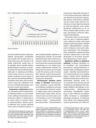24 TALOUS  YHTEISKUNTA 1l
2010
sesti kansainvälistä vertailua vaikeuttavia
tekijöitä. Kansainväliset vertailutiedot
ovat vuodelta 2007 eli ajalta ennen ny-
kyistä taantumaa, koska vertailua ei ole
tarjolla uudemmilta vuosilta siten, et-
tä opiskelijat olisivat saatavilla erikseen.
Maailmanlaajuinen taantuma on kuiten-
kiniskenytenemmäntaivähemmänkaik-
kialle, joten on oletettavaa, että kaikissa
maissa nuorten asema on muuttunut, ja
joissakin vertailuissa Suomen asema voi
olla muuttunut tässä esitetystä.Mikään ei
kuitenkaan viittaa siihen, että suomalais-
nuorten asema olisi välttämättä muut-
tunut sen enempää huonompaan suun-
taan kuin nuorten asema yleisesti.
Koulutukseen osallistuminen. Keskei-
nen työmarkkina-aseman hahmottamis-
ta vaikeuttava tekijä on se, missä määrin
nuoret osallistuvat koulutukseen perus-
koulutuksen jälkeen eri ikäryhmissä ja
eri maissa. Suomi on asettanut korke-
at koulutustavoitteet. Jokaisen kynnel-
le kykenevän tulisi suorittaa vähintään
toisen asteen ammatillinen tutkinto.
Li-
Työmarkkinatukilainsäädännön mukaan lukio
ei ole riittävä koulutus työmarkkinoille siirtymi-
seen, joten lukiovaihtoehdon valinneiden tulee
suorittaa lisäksi myös toisen asteen ammatilli-
nen tutkinto tai korkeakoulututkinto.
säksi korkeakoulupaikka yliopistossa tai
korkeakoulussa tarjotaan 70 prosentille
ikäluokasta.Toisen asteen tutkinnon suo-
rittamisen aloittaa heti peruskoulun jäl-
keen 95 prosenttia nuorista,ja halu jatkaa
korkeakoulussa on suuri. Korkea koulu-
tukseen osallistumisaste tarkoittaa sitä,
että työvoimaan
kuuluu vain hyvin pieni
osa alle 20-vuotiaista, ja alle 25-vuotiais-
takin valtaosan kuuluisi koulutustavoit-
teiden toteutumiseksi olla koulutuksessa
eli työvoiman ulkopuolella.
Työttömyysaste lasketaan työvoi-
masta, ei väestöstä! Työttömyysaste
kuvaa työttömien osuutta työvoimas-
ta eli työllisten ja työttömien summasta,
ei siis tarkasteltavan ikäryhmän väestös-
tä. Edellä kuvattu korkea koulutukseen
osallistumisaste johtaa siihen, että työ-
voimaan kuuluu vain hyvin pieni osa al-
le 20-vuotiaista, ja alle 25-vuotiaistakin
valtaosan kuuluisi – koulutustavoittei-
den toteutumiseksi – olla koulutuksessa
 Työvoimaan kuuluvat määritelmällisesti vain
työlliset ja työttömät henkilöt. Nuorissa ikäryh-
missä merkittävä osa työvoimaa on kuitenkin
opiskelijat,jotka on luokiteltu joko työlliseksi tai
työttömäksi.Tämä on kuitenkin oma ongelma-
vyyhtinsä, johon palataan hieman tuonnempa-
na.
eli työvoiman ulkopuolella. Erityisesti al-
le 20-vuotiaista työvoimaan osallistuvat
vain yhteishaussa koulutuksen ulkopuo-
lelle jääneet, koulutuksensa keskeyttä-
neet, juuri toisen asteen tutkinnon suo-
rittaneet ja armeijan alkamista odottavat
tai sieltä juuri päässeet nuoret miehet.
Työvoimaan osallistuminen on siis vä-
häistä, ja kaikilla näillä ryhmillä on vaik-
kapa aikuisväestöä korkeampi työttö-
myyden todennäköisyys.
Työvoimaan kuuluu siis alle 20-vuoti-
aista vain pieni ja työllistymisnäkökul-
masta valikoitunut joukko, mikä johtaa
korkeaan työttömyysasteeseen. Meidän
tulisikin työllisyyspolitiikkaa arvioides-
samme hyväksyä se, että nuoret osallis-
tuvat koulutukseen. Toki koulutuspoli-
tiikan jonkinlaiseksi epäonnistumiseksi
Suomessa voidaan lukea se, että myös
ikäryhmässä 25–29-vuotiaat koulutuk-
seen osallistuminen on hyvin yleistä.
Opiskelevat työlliset ja opiskelevat
työttömät. Luultavasti merkittävin se-
kä kansallisissa että kansainvälisissä
keskusteluissa väärinymmärtämistä ai-
heuttava tekijä on työllisyyden ja työttö-
myyden määrittely työvoimatutkimuk-
sessa. Työvoimatutkimus ja sen pohjalta
laaditut viralliset tilastot määrittelevät
työlliseksi henkilön,joka on tehnyt haas-
tatteluviikolla vähintään yhden tun-
nin ansiotyötä. Tämä tarkoittaa sitä, että
merkittävä osa opiskelijoista tulee luoki-
telluksi työlliseksi, sillä työllisyys on työ-
markkina-aseman päättelysäännössä
ensimmäinen. Opiskelijoiden määrien
kasvu on ollut 1990-luvun alun jälkeen
todella voimakasta
, ja opiskelijoiden
työssäkäynti puolestaan on lisääntynyt
laman jälkeen sekä työllisyysmahdolli-
suuksien parantumisen että 1990-luvul-
 Korkeakouluopiskelijoiden määrä on kasva-
nut 2,7-kertaiseksi vuosien 1991–2007 välil-
lä. Opiskelijamäärän kasvun suuruus riippuu
paljon laskentatavasta ja luokituksista, mutta
toisen asteen ja korkea-asteen yhteenlaskettu
opiskelijamäärä on samana aikana kasvanut vä-
himmilläänkin noin 1,5-kertaiseksi.
Lähde:Tilastokeskus.
Kuvio 1.Työttömyysaste,15–24-vuotiaat sukupuolen mukaan 1988–2009.
0

10
1
20
2
0

0

1988/01
1989/01
1990/01
1991/01
1992/01
199/01
199/01
199/01
1996/01
1997/01
1998/01
1999/01
2000/01
2001/01
2002/01
200/01
200/01
200/01
2006/01
2007/01
2008/01
2009/01
Työttömyysaste, miehet (1-2), trendi
Työttömyysaste, naiset (1-2), trendi
%
 