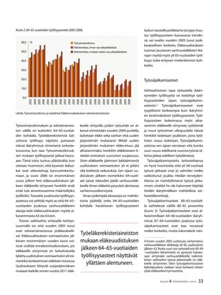 33TALOUS  YHTEISKUNTA 1l
2010
Työvoimatutkimuksen ja rekisteriaineis-
ton välillä on kuitenkin 64–65-vuotiai-
den kohdalla. Työeläkerekisteristä kat-
sottuna työllisyys näyttäisi putoavan
näissä ikäryhmissä viimeisenä tarkaste-
luvuonna, kun taas Työvoimatutkimuk-
sen mukaan työllisyysaste jatkaa kasvu-
aan. Tämä tulos tuntuu yllättävältä, kun
otetaan huomioon, että kyseiset ikäluo-
kat ovat oikeutettuja kannustinkarttu-
maan, ja vuosi 2006 on ensimmäinen
vuosi, jolloin heti eläkeuudistuksen jäl-
keen eläkkeelle siirtyneet henkilöt eivät
enää tule aineistossamme määritellyiksi
työllisiksi.Toisaalta pudotusta työllisyys-
asteessa voi selittää myös se,että 64–65-
vuotiaiden joukossa vanhuuseläkkeen
alaraja laski eläkeuudistuksen myötä ai-
kaisemmasta 65:sta 63:een.
Toinen vaihtoehto erilaiselle kehitys-
suunnalle on, että vuoden 2005 luvut
ovat rekisteriaineistossa poikkeukselli-
set. Eläkeuudistuksen voimaantulon jäl-
keisen ensimmäisen vuoden luvut voi-
sivat sisältää ennakointivaikutuksen, jos
eläkkeelle siirtymistä on tarkoituksella
lykätty uudistuksen voimaantulon yli esi-
merkiksi korkeamman eläkkeen toivossa.
Uudistukseen liittyvät suojasäännöksen
mukaan kaikille ennen vuotta 2011 eläk-
keelle siirtyville, joiden työsuhde on al-
kanut viimeistään vuoden 2004 puolella,
lasketaan eläke sekä vanhan että uuden
järjestelmän mukaisesti. Mikäli uuden
järjestelmän mukainen eläke-etuus jää
alhaisemmaksi, henkilön eläkkeeseen li-
sätään erotuksen suuruinen suojaosuus.
Siten eläkkeelle jäämisen lykkäämisestä
uudistuksen voimaantulon yli ei pitäisi
olla kielteisiä vaikutuksia. Sen sijaan uu-
distuksen jälkeen esimerkiksi 64-vuoti-
aat saivat oikeuden jäädä vanhuuseläk-
keelle ilman eläkettä pysyvästi alentavaa
varhennusvähennystä.
Ilman pidempää aikasarjaa on mahdo-
tonta päätellä, onko 64–65-vuotiaiden
kohdalla havaittavan työllisyysasteen
laskun taustalla poikkeama tai jopa muu-
tos työllisyysasteen kasvavassa trendis-
sä, vai ovatko vuoden 2005 luvut poik-
keuksellisen korkeita. Eläkeuudistuksen
tuoman joustavan vanhuuseläkkeen ikä-
rajan myötä myös yli 65-vuotiaiden työl-
lisyys tulee erityisen mielenkiinnon koh-
teeksi.
Työssäjatkamisasteet
Vaihtoehtoinen tapa tarkastella ikään-
tyneiden työllisyyttä on keskittyä työl-
lisyysasteiden sijaan työssäjatkamis-
asteisiin.
Työssäjatkamisasteet ovat
tyypillisesti korkeampia kuin ikäryhmi-
en keskimääräiset työllisyysasteet. Työl-
lisyysasteen laskennassa myös aikai-
semmin eläkkeelle siirtyneet, työttömät
ja muut työvoiman ulkopuolella olevat
henkilöt lasketaan joukkoon, josta työl-
listen osuus lasketaan. Työssäjatkamis-
asteissa sen sijaan verrataan sitä, kuinka
suuri osuus edellisenä vuonna työssä ol-
leista jatkaa edelleen työelämässä.
Työssäjatkamisasteita tarkasteltaessa
on hyvä huomioida, että yli 60-vuotiaat
työssä jatkavat ovat jo valmiiksi melko
valikoitunut joukko. Heidän terveyden-
tilansa on mahdollistanut työssä jatka-
misen, eivätkä he ole halunneet käyttää
heidän ikäryhmälleen mahdollisia var-
haiseläkereittejä.
Työssäjatkamisasteet 60–63-vuotiail-
la vaihtelevat välillä 80–92 prosenttia
(kuvio 3). Työssäjatkamisasteet ovat al-
haisimmillaan 64–66-vuotiaiden ikäryh-
missä. 67–69-vuotiaiden joukossa työs-
säjatkamisasteet ovat taas nousevat
melko korkeiksi, mutta lukumäärät näis-
 Ennen vuoden 2005 uudistusta varhennetun
vanhuuseläkkeen alaikäraja oli 60, uudistuksen
jälkeen 62.Koska suuri osa tarkastellusta 60–69
–vuotiaiden ikäryhmästä on pystynyt halutes-
saan siirtymään vanhuuseläkkeelle, todennä-
köisin vaihtoehto työssä jatkamiselle on eläk-
keelle siirtyminen. Siten työssäjatkamisasteen
kääntöpuolena voidaan tässä karkeasti ottaen
pitää eläkkeellesiirtymisastetta.
Kuvio 2.60–65-vuotiaiden työllisyysasteet 2003-2006.
Lähde:Työvoimatutkimus ja laskelmat Eläketurvakeskuksen rekisteriaineistoista.
0,0
10,0
20,0
0,0
0,0
0,0
60,0
200
200
200
2006
200
200
200
2006
200
200
200
2006
200
200
200
2006
200
200
200
2006
200
200
200
2006
Työvoimatutkimus
Rekisteridata, ilman osa-aikaeläkeläisiä
Rekisteridata, mukaan lukien osa-aikaeläkeläiset
%
Työeläkerekisteriaineiston
mukaan eläkeuudistuksen
jälkeen 64–65-vuotiaiden
työllisyysasteet näyttävät
yllättäen alentuneen.
 