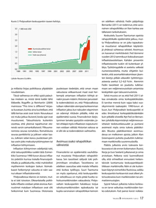 17TALOUS  YHTEISKUNTA 1l
2012
Kuvio 3.Yhdysvaltain keskuspankin taseen kehitys.
Lähde:Reuters EcoWin.
0,0
0,5
1,0
1,5
2,0
2,5
,0
,5
1989 1991 199 1995 1997 1999 2001 200 2005 2007 2009 2011
Asuntovakuudelliset lainat
Valtion lainat
Fedin tase yhteensä
1 000 mrd. USD
ja millaista linjaa politiikassa ylipäätään
noudatetaan.
Tässä vaiheessa on ehkä syytä palaut-
taa mieleen se, mistä tämä kaikki lähti
liikkeelle. Rogoffin ja Reinhartin (2009)
mainiossa ”This time is different”-kirjas-
sa kuvataan,kuinka aina kuvitellaan,että
tällä kertaa asiat ovat toisin. Nousukausi
voi muka jatkua ikuisesti, koska ajat ovat
muuttuneet. Taloushistoria kuitenkin
osoittaa, että yleensä tapahtumat ete-
nevät varsin samankaltaisesti.Ylikuume-
nemista seuraa romahdus. Romahdusta
seuraa pankkikriisi ja julkisen velan kas-
vu. Julkisen velan kasvu puolestaan joh-
taa usein joko maksukyvyttömyyteen tai
inflaation kiihtymiseen.
Inflaation kiihtyminen edellyttää toki,
että talouspolitiikka ruokkii tätä. Esimer-
kiksi Suomessa 1990-luvun alussa inflaa-
tio pidettiin kurissa tiukalla finanssipoli-
tiikalla ja palkkakurilla, mikä mahdollisti
myöhemmin korkojen laskun. Voimak-
kaasti heikentynyt valuutta ei näin saa-
nut aikaan inflaatiokierrettä.
Yhdysvalloissa tilanne on toinen, mut-
ta ei toki toivoton. Oikeanlaisella politii-
kalla inflaatio voidaan pitää aisoissa.Kan-
nustimet matalaan inflaatioon ovat silti
heikommat kuin Suomessa. Historiasta
puolestaan tiedetään, että oman maan
valuutassa velkaantuvat maat ovat her-
kempiä antamaan inflaation kiihtyä ai-
nakin jossain määrin.Historian perusteel-
la todennäköistä on, että Yhdysvalloissa
tullaan näkemään aiempaa korkeamman
inflaation jakso,kun talouden elpyminen
on edennyt riittävän pitkälle, mikä vie
epäilemättä vuosia. Finanssikriisin kärjis-
tyminen lamaksi pystyttiin estämään, jo-
ten ehkäpä myös inflaatioon nopeutumi-
nen voidaan välttää. Historian valossa se
ei silti ole se todennäköisin vaihtoehto.
Avoimuus osaksi rahapolitiikan
välineistöä
Finanssikriisi on epäilemättä vauhditta-
nut muutosta Yhdysvaltain rahapolitii-
kassa. Sen tavoitteet säilyvät toki poh-
jimmiltaan ennallaan. Tavoitteena on
edelleen saavuttaa sekä matala inflaatio
että korkea työllisyys. Suuri Taantuma
on myös opettanut, että keskuspankki-
en velvollisuus on myös pitää huolta ra-
hoitusmarkkinoiden vakaudesta. Yhdys-
valtain keskuspankin halukkuus torjua
rahoitusmarkkinoiden epävakautta tai
kuplia varsinaisen rahapolitiikan keinoin
on edelleen vähäistä. Fedin pääjohtaja
Bernanke (2011) on todennut, että varsi-
nainen rahapolitiikka on liian karkea ase
tällaiseen tarkoitukseen.
Keskustelu Suuren Taantuman opeista
rahapolitiikalle epäilemättä jatkuu, mut-
ta Yhdysvalloissa se on joka tapaukses-
sa muuttanut rahapolitiikan käytäntö-
jä yhdessä suhteessa selvästi. Avoimuus
on kasvanut merkittävästi. Fed täsmensi
vuoden 2012 tammikuun kokouksessaan
inflaatiotavoitettaan. Kahden prosentin
inflaatiotavoite tuskin oli kuitenkaan yl-
lätys. Työttömyydelle ei asetettu selkeää
numerotavoitetta, mutta vihjattiin kui-
tenkin,että avomarkkinakomitean jäsen-
ten käsitys pitkän aikavälin työttömyys-
asteesta asettui 5,2–6,0 %:iin. Aiemmin
Fedin tavoitteet on jouduttu tulkitse-
maan sen neljännesvuosittain antamista
keskipitkän ajan talousennusteista.
Selvä muutos on se, että Fed (2011) al-
kaa ennakoida omia korkopäätöksiään.
Ei tarvitse mennä kuin vajaa kaksi vuo-
sikymmentä taaksepäin 1990-luvun al-
kuun, kun Yhdysvaltain keskuspankki ei
edes ilmoittanut korkopäätöksiäänkään
kuin pitkällä viiveellä.Nyt Fed on Bernan-
ken johdolla käynnistänyt neljännesvuo-
sittaiset tiedotustilaisuudet ja puntaroi
avoimesti myös omia tulevia päätöksi-
ään. Muutos päätöksenteon avoimuu-
dessa on melkoinen ajoista, jolloin Alan
Greenspanin puheita jouduttiin tulkitse-
maan markkinoilla suurennuslasilla.
Päätös julkaista arvio tulevasta kor-
kourasta ei ole ennen kokematon.Ruotsi,
Norja ja Uusi Seelanti julkaisevat jo omia
arvioitaan. Pelkona voisi luonnollisesti
olla, että virheelliset ennusteet heiken-
täisivät luottamusta keskuspankkipoli-
tiikkaan markkinoilla. Näin ei ole kuiten-
kaan käynyt esimerkiksi Ruotsissa,vaikka
keskuspankin korkoarviot ovat olleet yh-
tä kuolevaisia kuin markkinoiden tai am-
mattiennustajien.
Syynä haluun julkaista tuleva korkou-
ra on tarve vaikuttaa markkinoiden kor-
ko-odotuksiin. Fed painoi korot nollata-
 