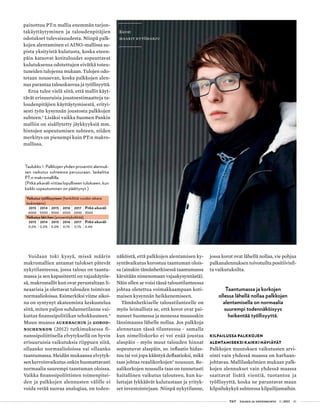  T&Y talous ja yhteiskunta 1 | 2013 41
Taulukko 1. Palkkojen yhden prosentin alennuk-
sen vaikutus suhteessa perusuraan, laskelma
PT:n makromallilla.
(Pitkä aikaväli viittaa lopulliseen tulokseen, kun
kaikki sopeutuminen on päättynyt.)
Vaikutus työllisyyteen (henkilöitä vuoden aikana
keskimäärin)
2013 2014 2015 2016 2017 Pitkä aikaväli
6000 5000 3000 2000 2000 3000
Vaikutus bkt:hen (prosenttiyksikköä)
2013 2014 2015 2016 2017 Pitkä aikaväli
0,0% 0,0% 0,0% 0,1% 0,1% 0,4%
Kuvat
maarit kytöharju
painottuu PT:n mallia enemmän tarjon-
takäyttäytyminen ja taloudenpitäjien
odotukset tulevaisuudesta. Niinpä palk-
kojen alentaminen ei AINO-mallissa su-
pista yksityistä kulutusta, koska eteen-
päin katsovat kotitaloudet sopeuttavat
kulutuksensa odotettujen eivätkä toteu-
tuneiden tulojensa mukaan. Tulojen odo-
tetaan nousevan, koska palkkojen alen-
nus parantaa talouskasvua ja työllisyyttä.
Eroa tulee vielä siitä, että mallit käyt-
tävät erisuuruisia joustoestimaatteja ta-
loudenpitäjien käyttäytymisestä, erityi-
sesti työn kysynnän joustosta palkkojen
suhteen.3
Lisäksi vaikka Suomen Pankin
malliin on sisällytetty jäykkyyksiä mm.
hintojen sopeutumisen suhteen, niiden
merkitys on pienempi kuin PT:n makro-
mallissa.
Voidaan toki kysyä, missä määrin
makromallien antamat tulokset pätevät
nykytilanteessa, jossa talous on taantu-
massa ja sen kapasiteetti on vajaakäytös-
sä, makromallit kun ovat perustaltaan li-
neaarisia ja olettavat talouden toimivan
normaalioloissa. Esimerkiksi viime aikoi-
na on syntynyt akateemista keskustelua
siitä, miten paljon suhdannetilanne vai-
kuttaa finanssipolitiikan tehokkuuteen.4
Muun muassa Auerbachin ja Gorod-
nichenkon (2012) tutkimuksessa fi-
nanssipoliittisella elvytyksellä on hyvin
erisuuruisia vaikutuksia riippuen siitä,
ollaanko normaalioloissa vai ollaanko
taantumassa. Heidän mukaansa elvytyk-
sen kerroinvaikutus onkin huomattavasti
normaalia suurempi taantuman oloissa.
Vaikka finanssipoliittisten toimenpitei-
den ja palkkojen alennusten välille ei
voida vetää suoraa analogiaa, on toden-
näköistä, että palkkojen alentamisen ky-
syntävaikutus korostuu taantuman olois-
sa (ainakin tämänhetkisessä taantumassa
kärsitään nimenomaan vajaakysynnästä).
Näin ollen se voisi tässä taloustilanteessa
johtaa oletettua voimakkaampaan koti-
maisen kysynnän heikkenemiseen.
Tämänhetkiselle taloustilanteelle on
myös leimallista se, että korot ovat pai-
nuneet Suomessa ja monessa muussakin
länsimaassa lähelle nollaa. Jos palkkoja
alennetaan tässä tilanteessa - samalla
kun nimelliskorko ei voi enää joustaa
alaspäin - myös muut talouden hinnat
sopeutuvat alaspäin, so. inflaatio hidas-
tuu tai voi jopa kääntyä deflaatioksi, mikä
taas johtaa reaalikorkojen5
nousuun. Re-
aalikorkojen nousulla taas on tunnetusti
haitallinen vaikutus talouteen, kun ku-
luttajat lykkäävät kulutustaan ja yrityk-
set investointejaan. Niinpä nykytilanne,
jossa korot ovat lähellä nollaa, vie pohjaa
palkanalennuksen toivotuilta positiivisil-
ta vaikutuksilta.
Taantumassa ja korkojen
ollessa lähellä nollaa palkkojen
alentamisella on normaalia
suurempi todennäköisyys
heikentää työllisyyttä.
Kilpailussa palkkojen
alentamiseksi kaikki häviävät
Palkkojen muutoksen vaikutusten arvi-
ointi vain yhdessä maassa on harhaan-
johtavaa. Mallilaskelmien mukaan palk-
kojen alennukset vain yhdessä maassa
saattavat lisätä vientiä, tuotantoa ja
työllisyyttä, koska ne parantavat maan
kilpailukykyä suhteessa kilpailijamaihin.
 